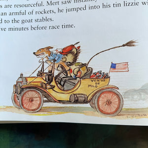 Corgiville Fair written and illustrated by Tasha Tudor-1971 First Edition-classic children's picture book-collector's edition-corgi dogs-view of a closeup of a sweet illustration of two dogs racing in an old fashioned car.