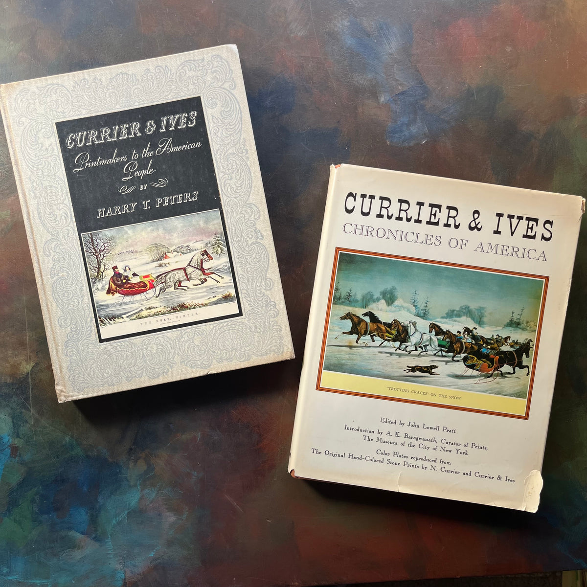 Currier & Ives Book Set-Printmakers to the American People & Chronicles of America-vintage art books-view of the front covers with a dust jacket