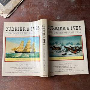 Currier & Ives Bookset-Printmakers to the American People & Chronicles of America-vintage art books-view of the front & back of the dust jacket for Chronicles of America - image of a sailboat & horses pulling sleds in the snow