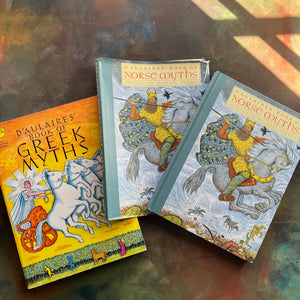 D'Aulaires' Book of Greek Myths and D'Aulaires' Book of Norse Myths written and illustrated by Ingri and Edgar Parin D'Aulaire - Homeschool Mythology Study Books- view of the front covers as described in the last photo