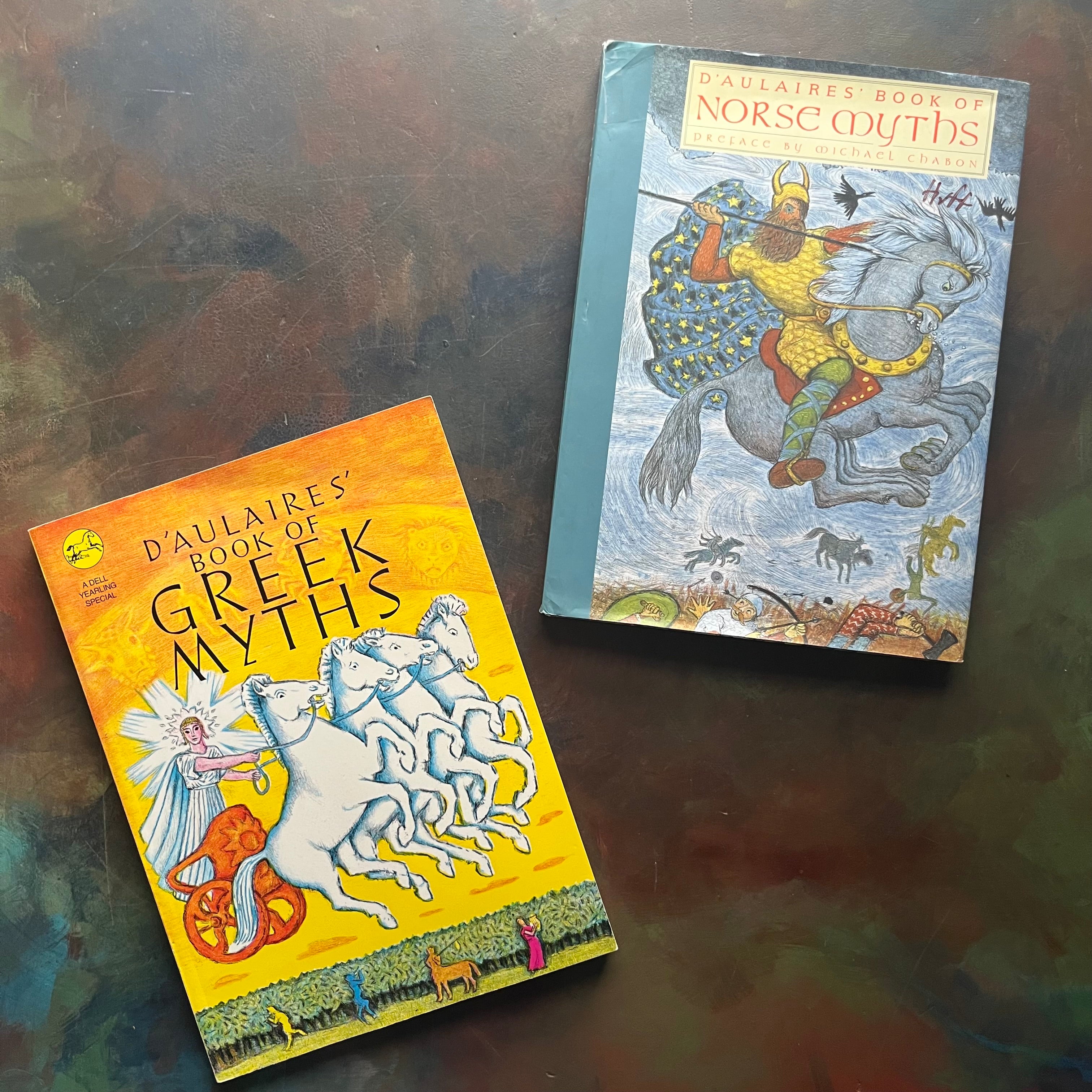 D'Aulaires' Book of Greek Myths and D'Aulaires' Book of Norse Myths written and illustrated by Ingri and Edgar Parin D'Aulaire - Homeschool Mythology Study Books- view of the front covers