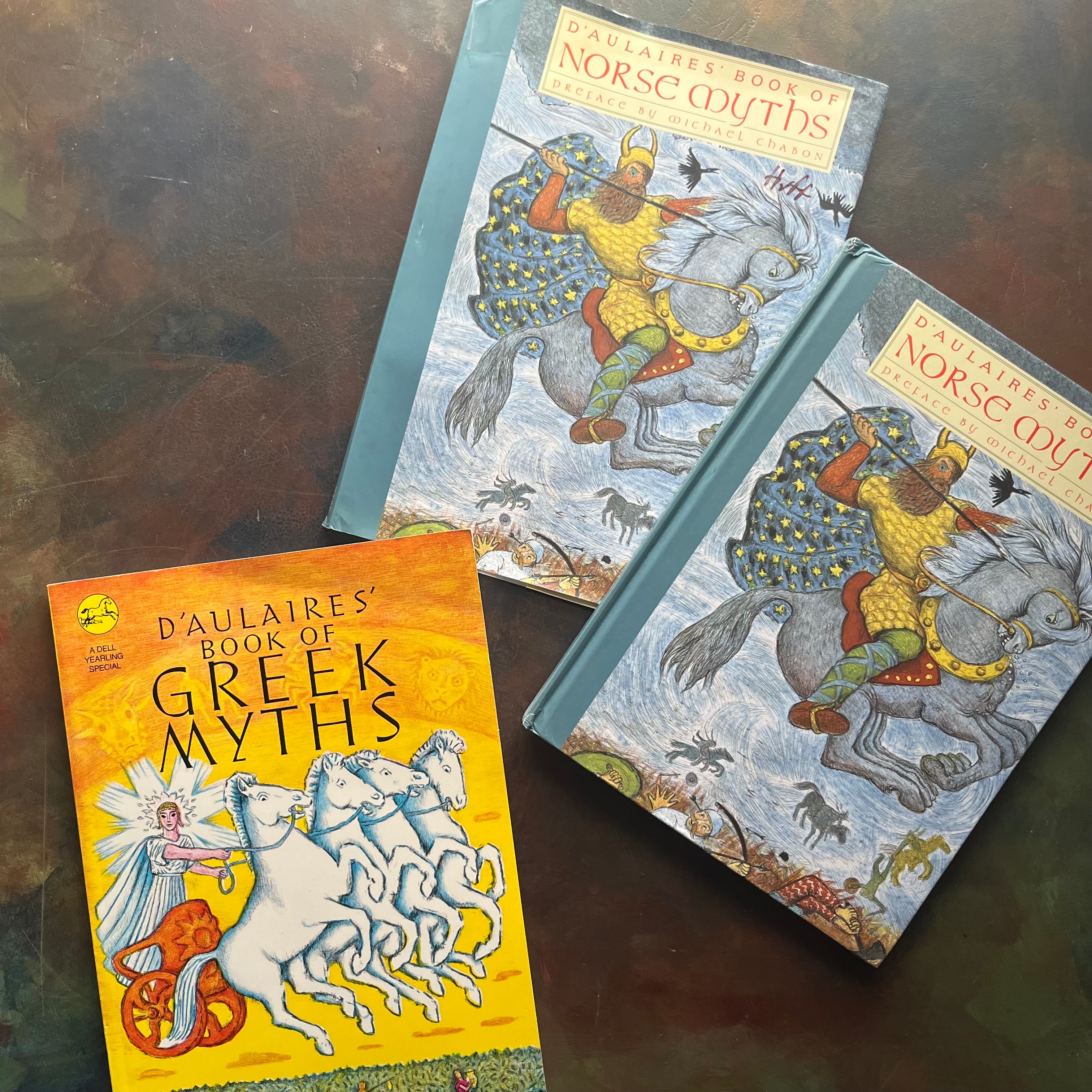 D'Aulaires' Book of Greek Myths and D'Aulaires' Book of Norse Myths written and illustrated by Ingri and Edgar Parin D'Aulaire - Homeschool Mythology Study Books- view of the front covers