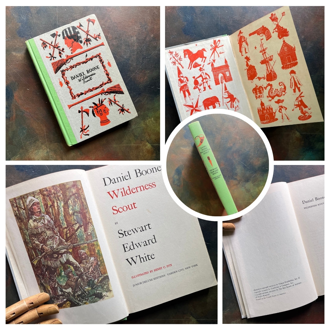 A collage of Junior Deluxe Edition books showing the cover, inside cover, spine, title page and copyright page of the book, Daniel Boone Wilderness Scout, written by Stewart Edward White - vintage children's classic literature books-collectible children's books-rainbow book spines