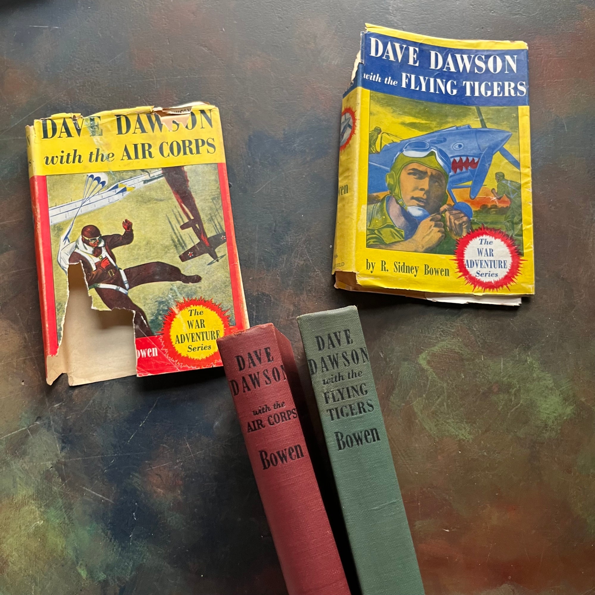 Dave Dawson The War Adventure Books-Dave Dawson with the Flying Tigers-Dave Dawson with the Air Corps-R. Sidney Bowen-antique adventure books for boys-view of the spines