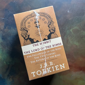 Del-Ray J.R.R. Tolkien Complete Lord of the Rings and The Hobbit Boxed Set-The Hobbit-The Fellowship of the Rings-New In Book Sleeve-vintage fantasy book set- view of the side of the book sleeve - softcover editions