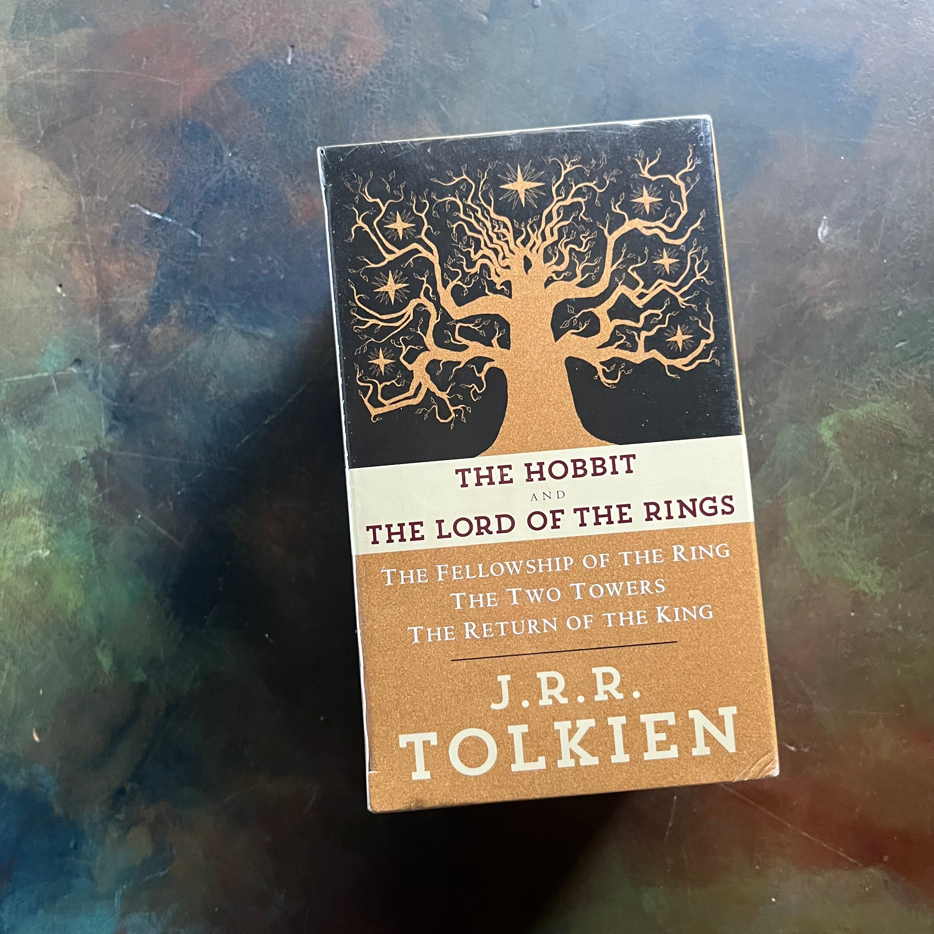 Del-Ray J.R.R. Tolkien Complete Lord of the Rings and The Hobbit Boxed Set-The Hobbit-The Fellowship of the Rings-New In Book Sleeve-vintage fantasy book set- view of the side of the book sleeve - softcover editions