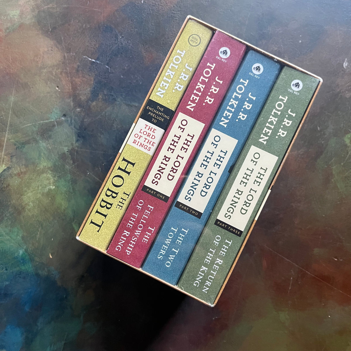 Del-Ray J.R.R. Tolkien Complete Lord of the Rings and The Hobbit Boxed Set-The Hobbit-The Fellowship of the Rings-New In Book Sleeve - view of the spines - softcover editions