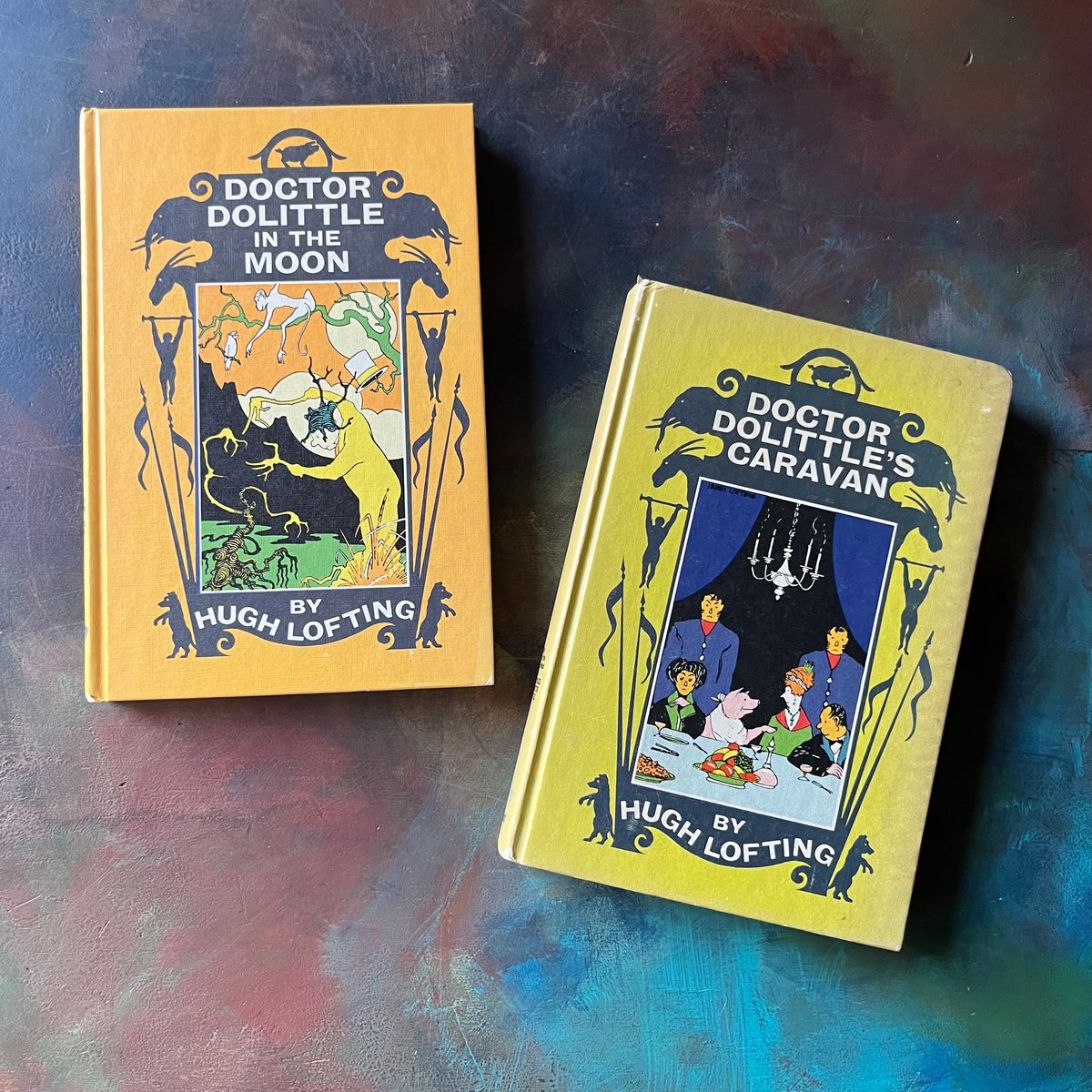Doctor Dolittle's Caravan and Doctor Dolittle in the Moon written & illustrated by Hugh Lofting-vintage children's books to read a-loud-view of the front covers