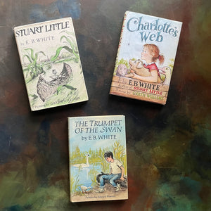 E.B. White Children's Book Set-Stuart Little-Charlotte's Web-The Trumpet of the Swan-illustrated by Garth Williams and Edward Frascino-vintage children's chapter books-view of the dust jacket covers with images from each book depicted