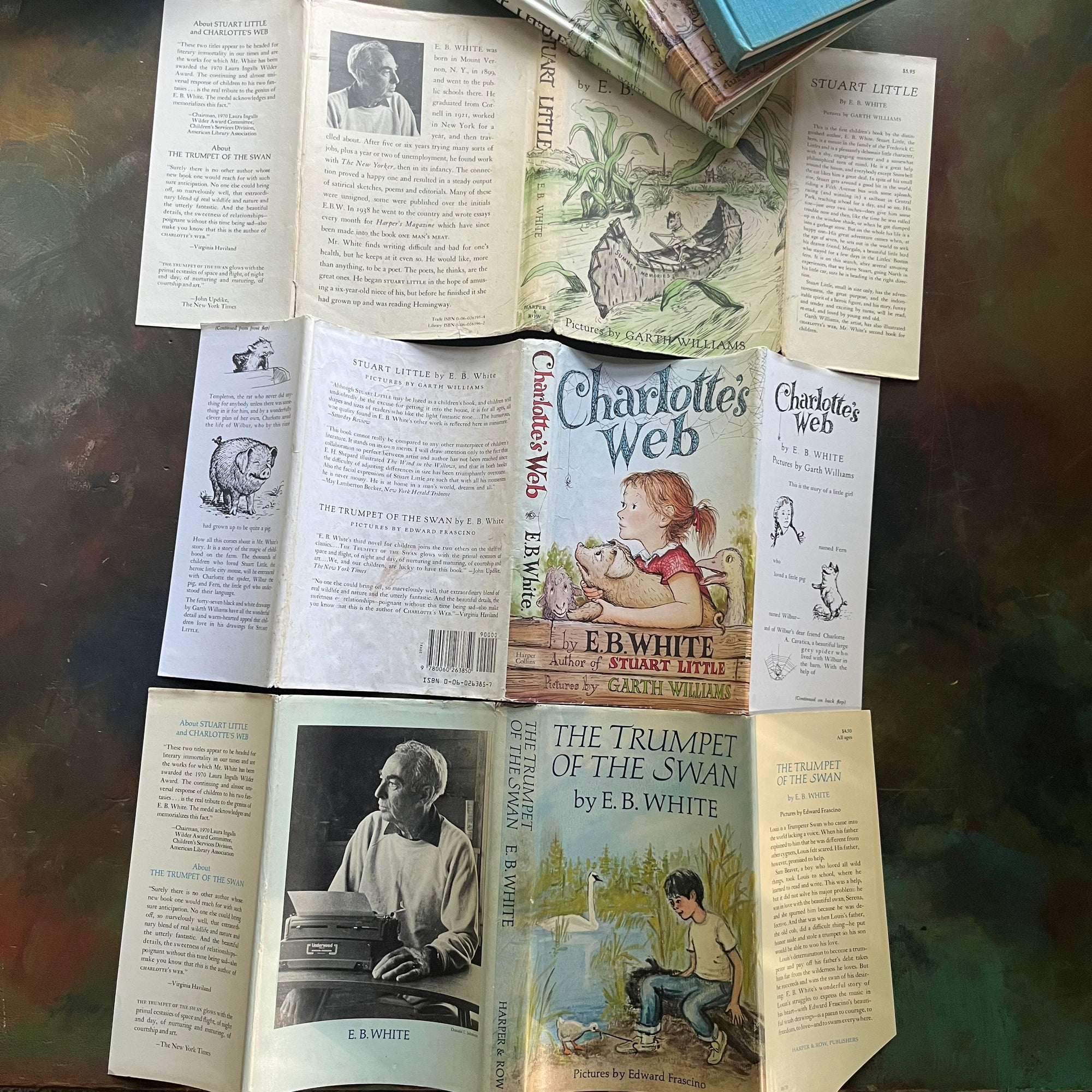 E.B. White Children's Book Set-Stuart Little-Charlotte's Web-The Trumpet of the Swan-illustrated by Garth Williams and Edward Frascino-vintage children's chapter books-view of the dust jackets opened up to view all the information on the dust jacket