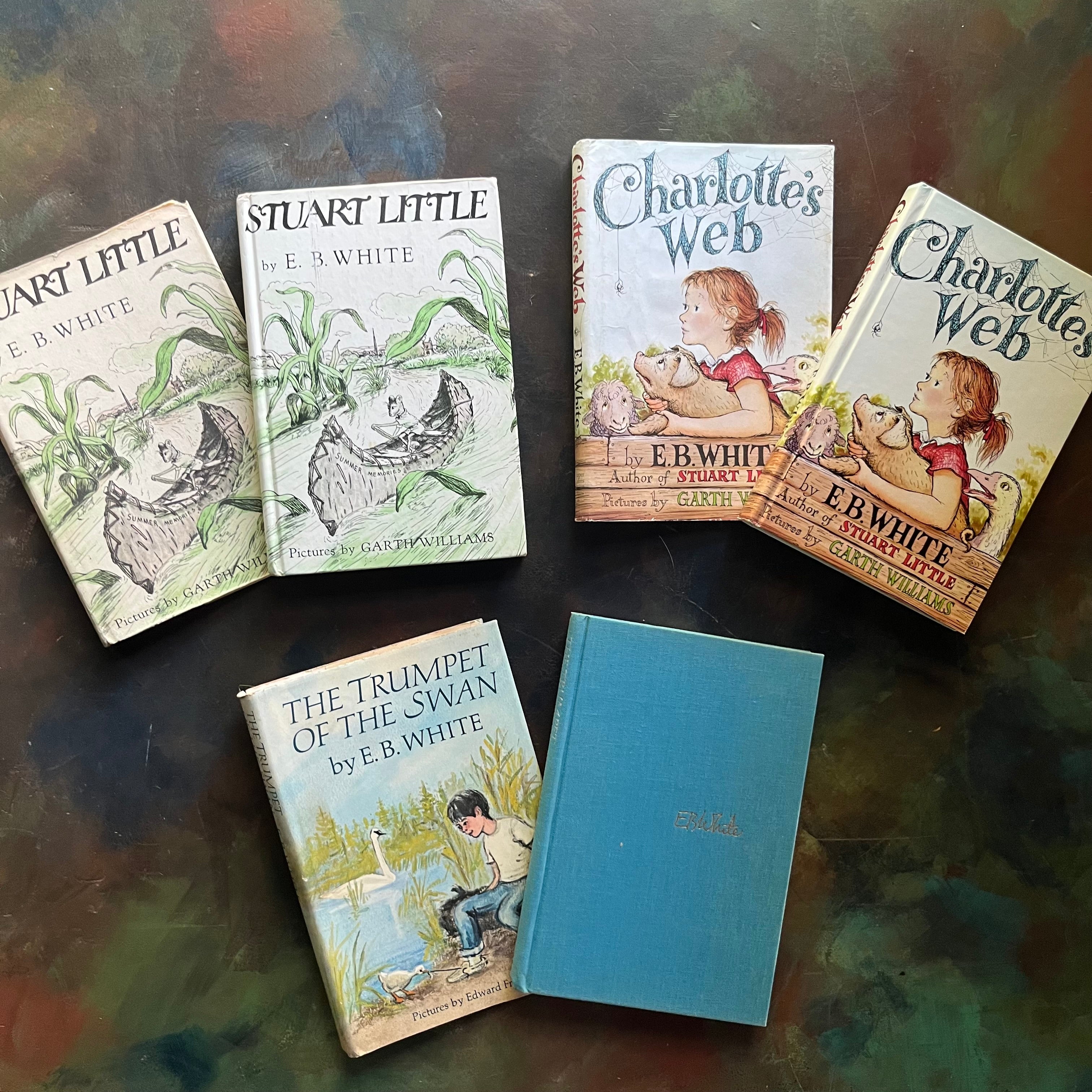 E.B. White Children's Book Set-Stuart Little-Charlotte's Web-The Trumpet of the Swan-illustrated by Garth Williams and Edward Frascino-vintage children's chapter books-view of the front covers with the dust jacket's sitting next to each book