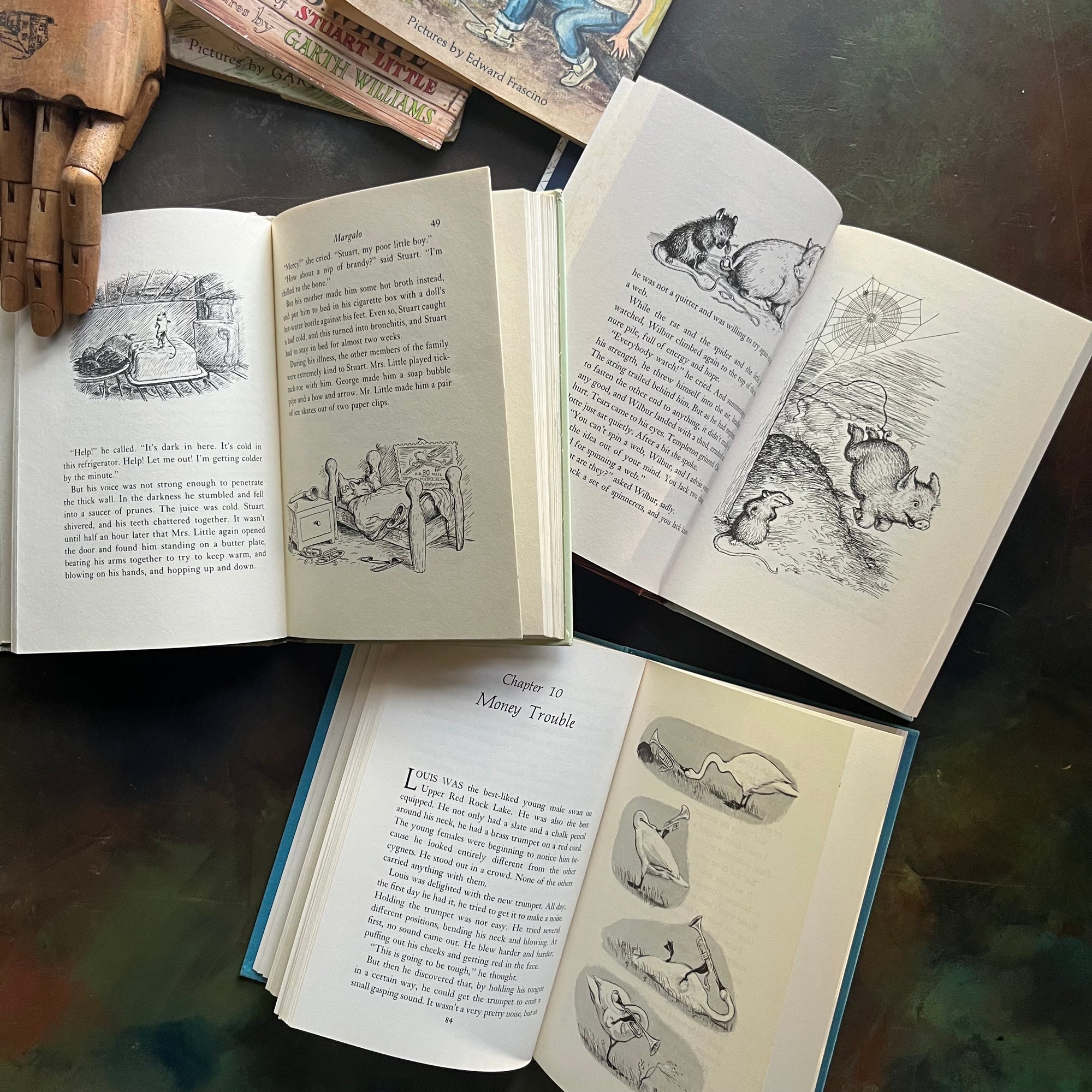E.B. White Children's Book Set-Stuart Little-Charlotte's Web-The Trumpet of the Swan-illustrated by Garth Williams and Edward Frascino-vintage children's chapter books-view of the illustrations