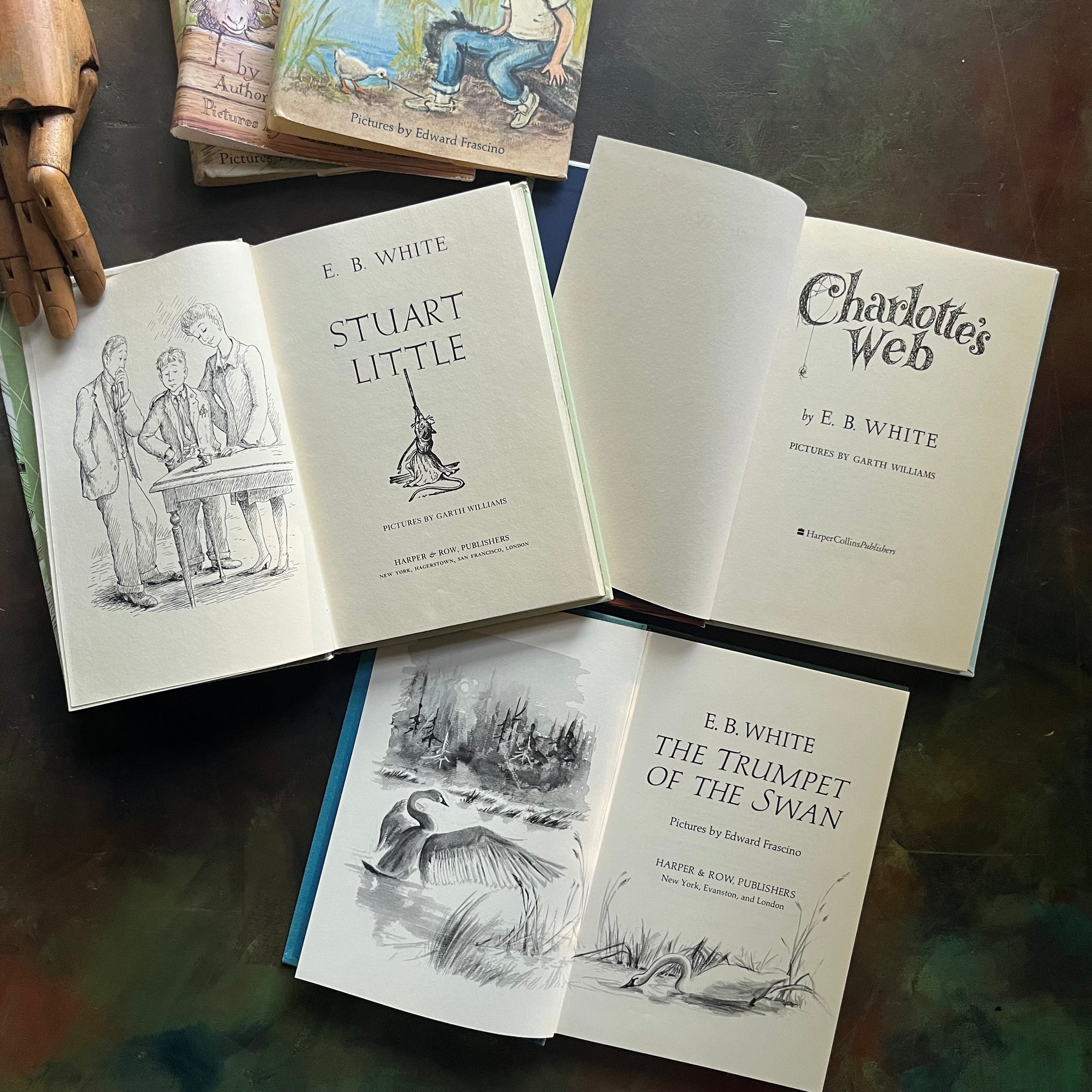 E.B. White Children's Book Set-Stuart Little-Charlotte's Web-The Trumpet of the Swan-illustrated by Garth Williams and Edward Frascino-vintage children's chapter books-view of the title pages