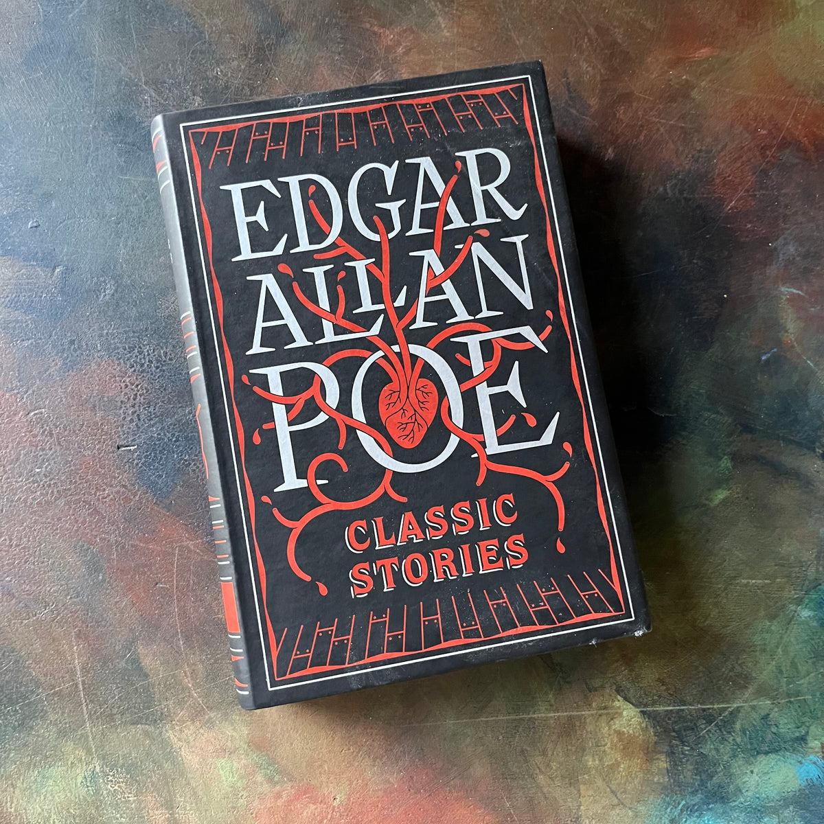 Edgar Allan Poe Classic Stories-Barnes & Noble Collectible Editions Series-Leatherbound-short stories-macabre-view of the front cover with a heart intertwined in the name