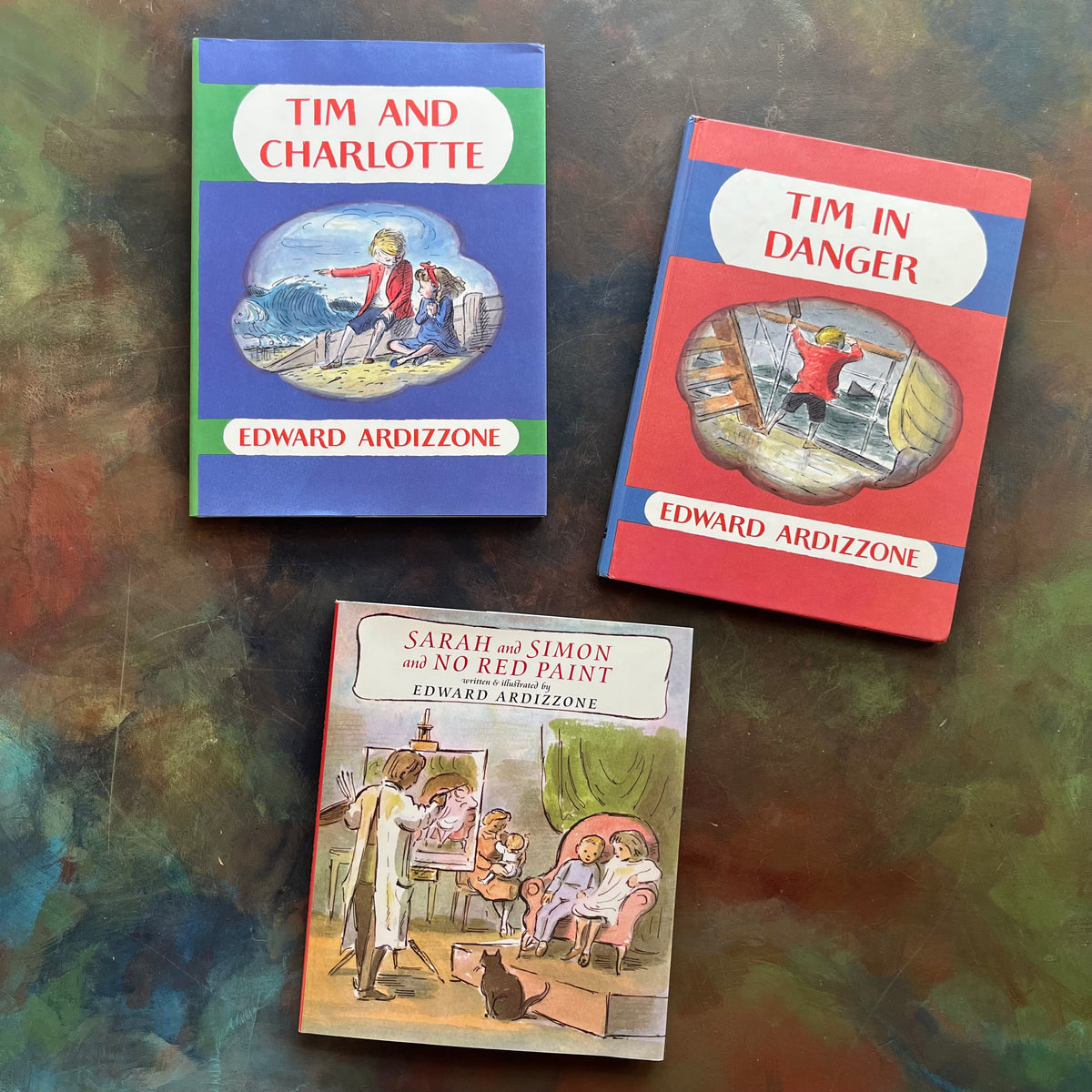 Edward Ardizzone Book Set-Tim and Charlotte-Tim in Danger-Sarah and Simon and No Red Paint-Classic Illustrated Children's Books-view of the front covers with dust jackets