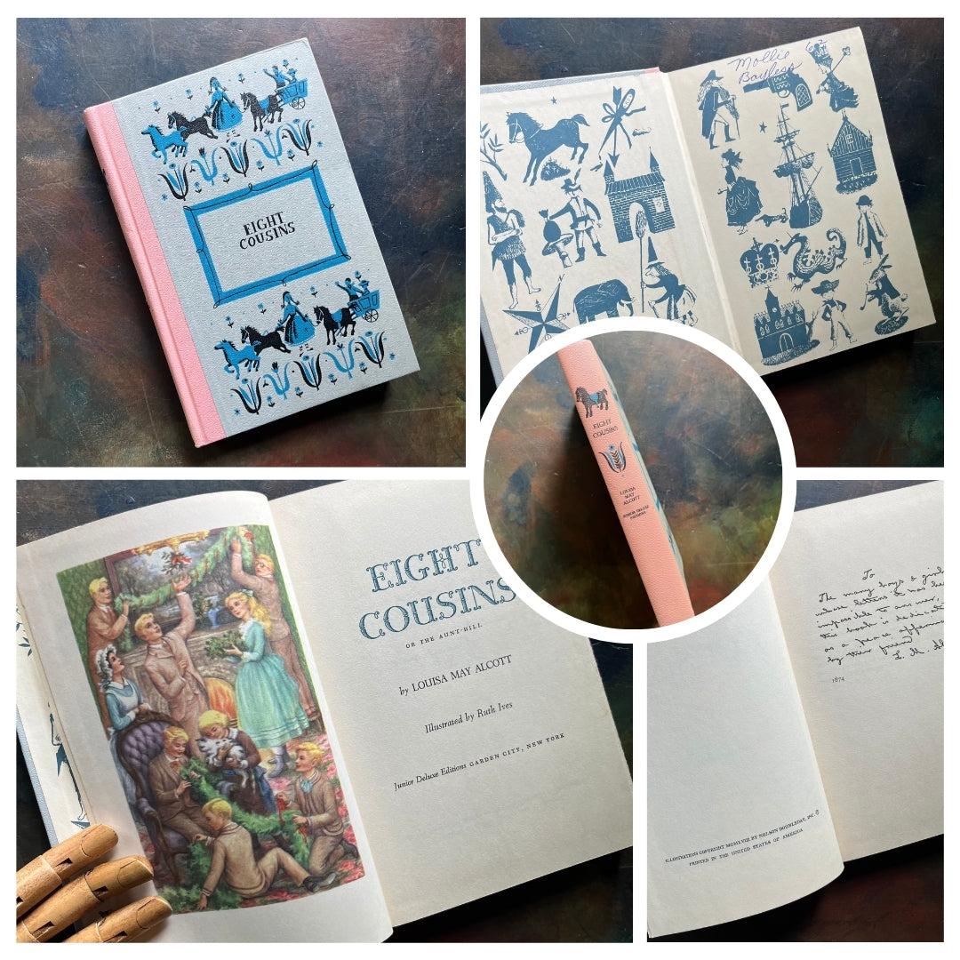 A collage of Junior Deluxe Edition books showing the cover, inside cover, spine, title page and copyright page of the book, Eight Cousins, written by  Louisa May Alcott - vintage children's classic literature books-collectible children's books-rainbow book spines