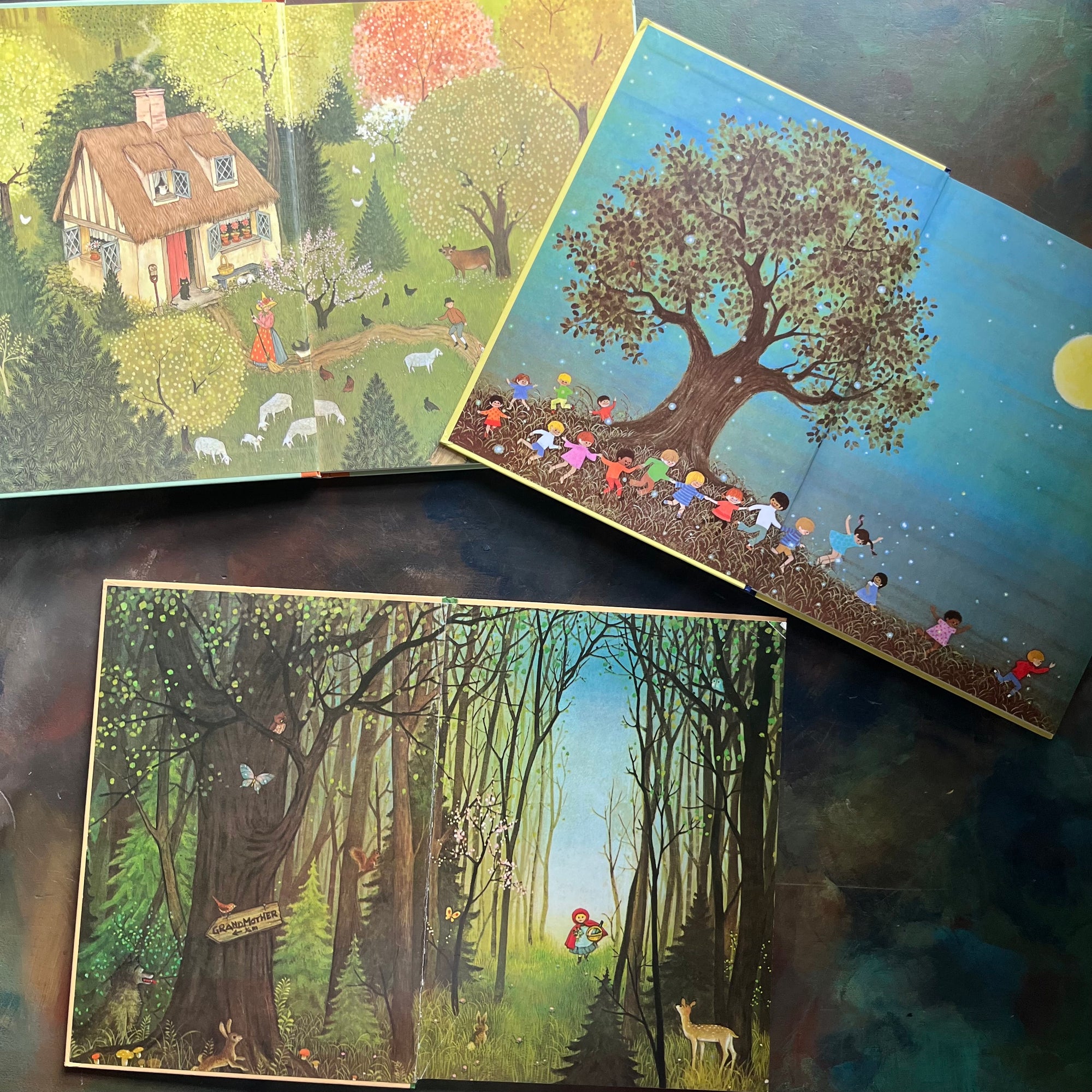 Set of Three children's books illustrated by Gyo Fukikawa-Fairy Tales and Fables-Mother Goose-a child's book of poems-Gyo Fujikawa-vintage children's stories-view of the inside covers