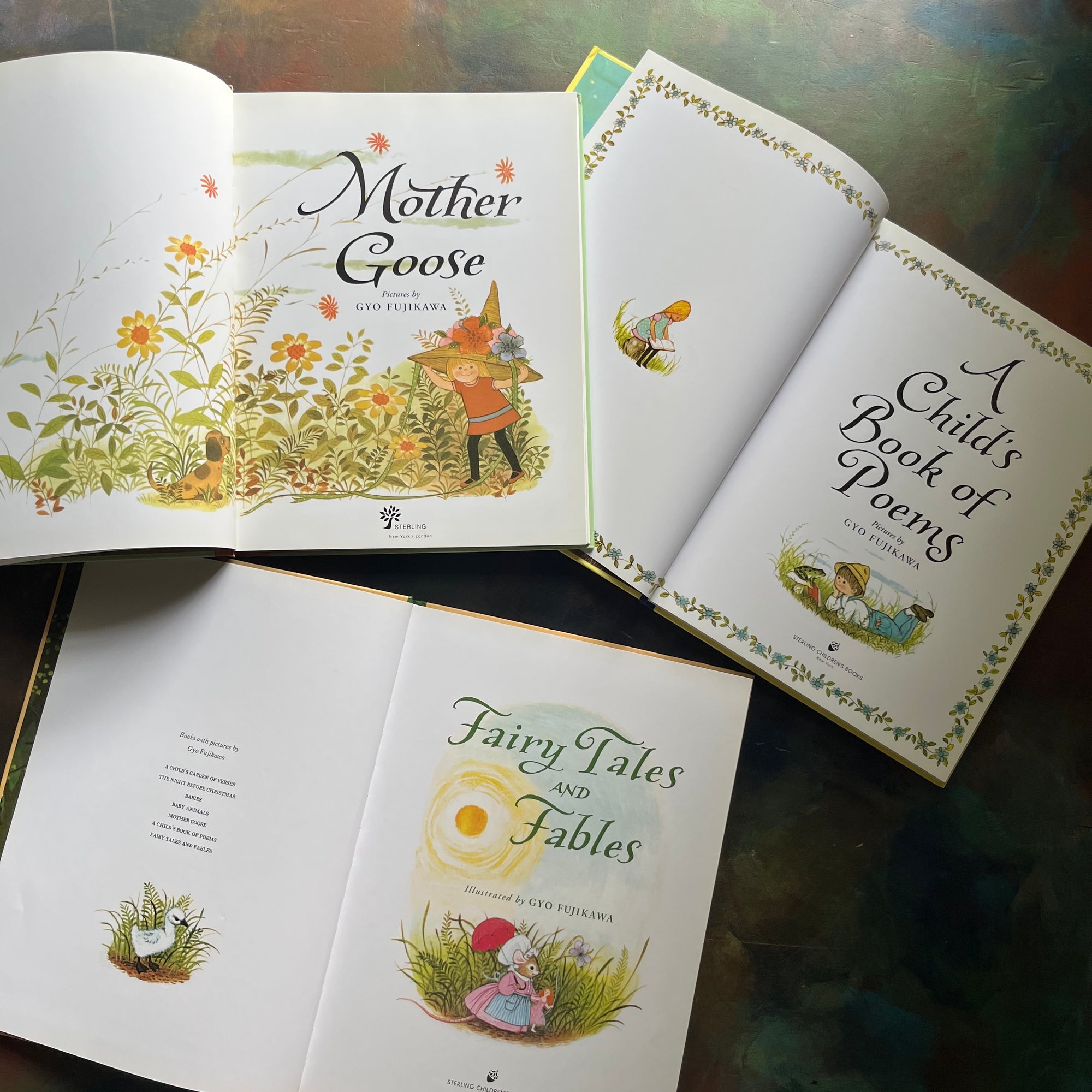 Set of Three children's books illustrated by Gyo Fukikawa-Fairy Tales and Fables-Mother Goose-a child's book of poems-Gyo Fujikawa-vintage children's stories-view of the title pages