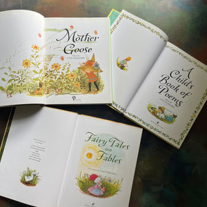 Set of Three children's books illustrated by Gyo Fukikawa-Fairy Tales and Fables-Mother Goose-a child's book of poems-Gyo Fujikawa-vintage children's stories-view of the title pages
