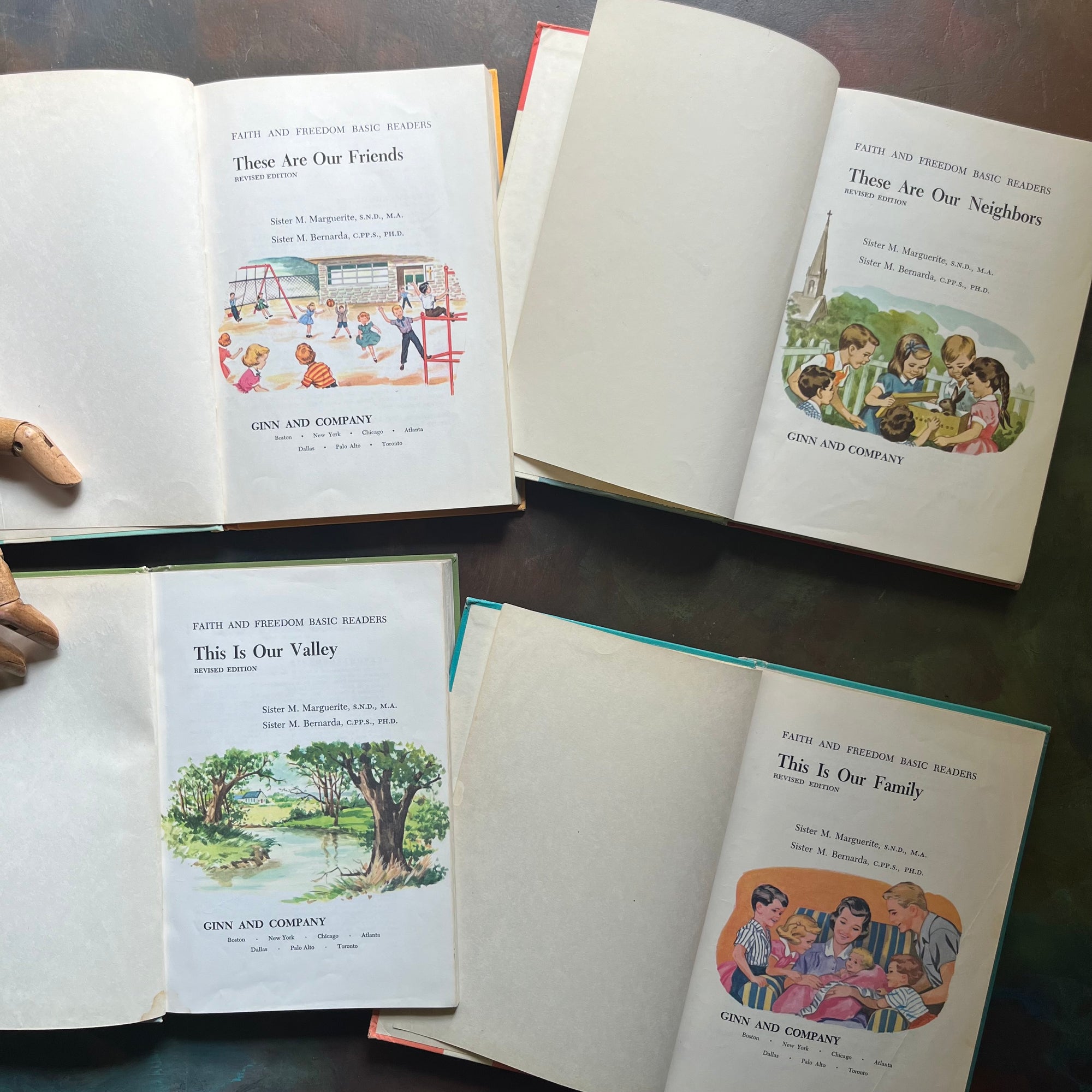 Faith & Freedom Basic Readers Book Set by Ginn and Company-vintage school books-learn to read-illustrations-view of the title pages