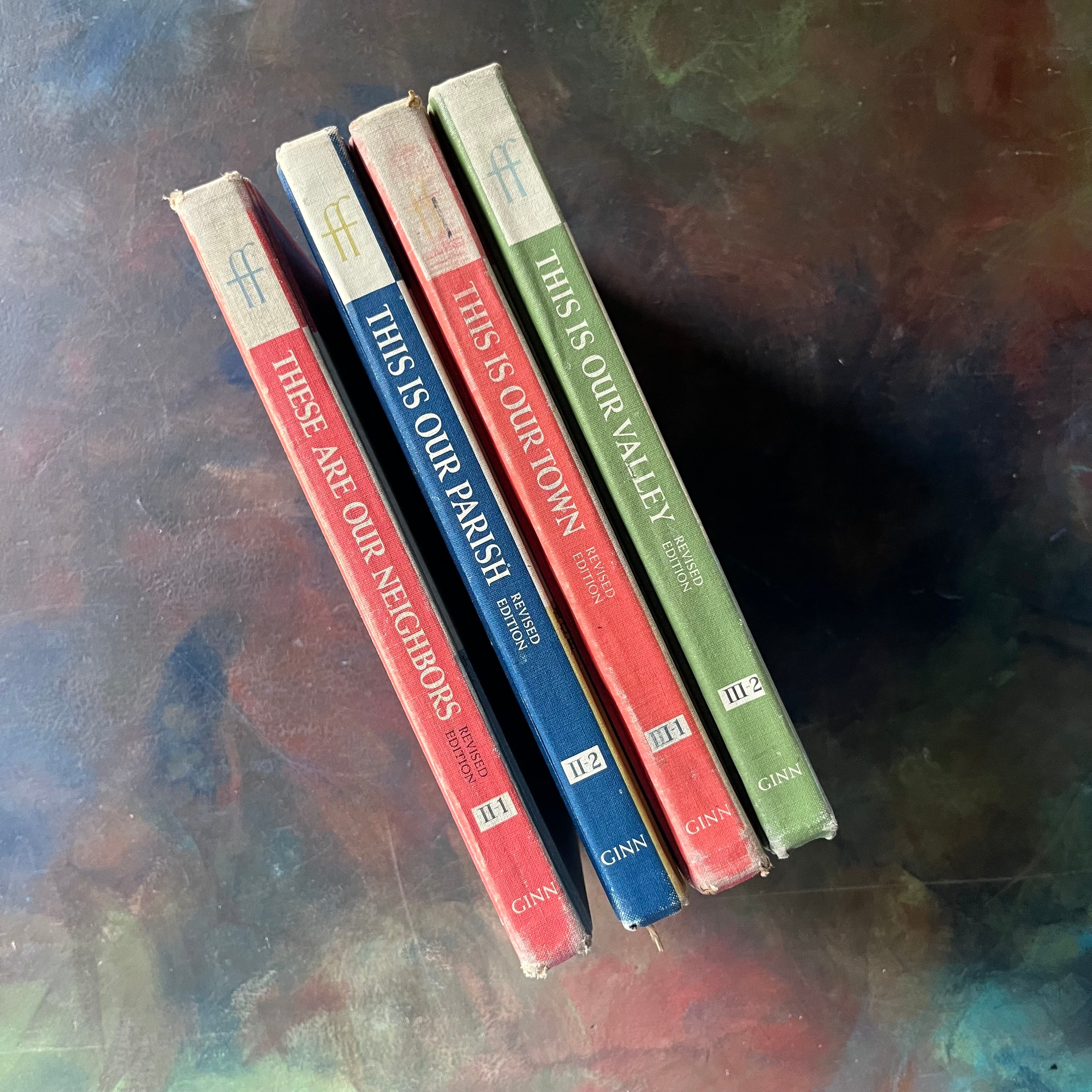 Faith & Freedom Basic Readers Book Set by Ginn and Company-vintage school books-reading comprehension-Parochial Schoolbooks-Catholic School-view of the spines