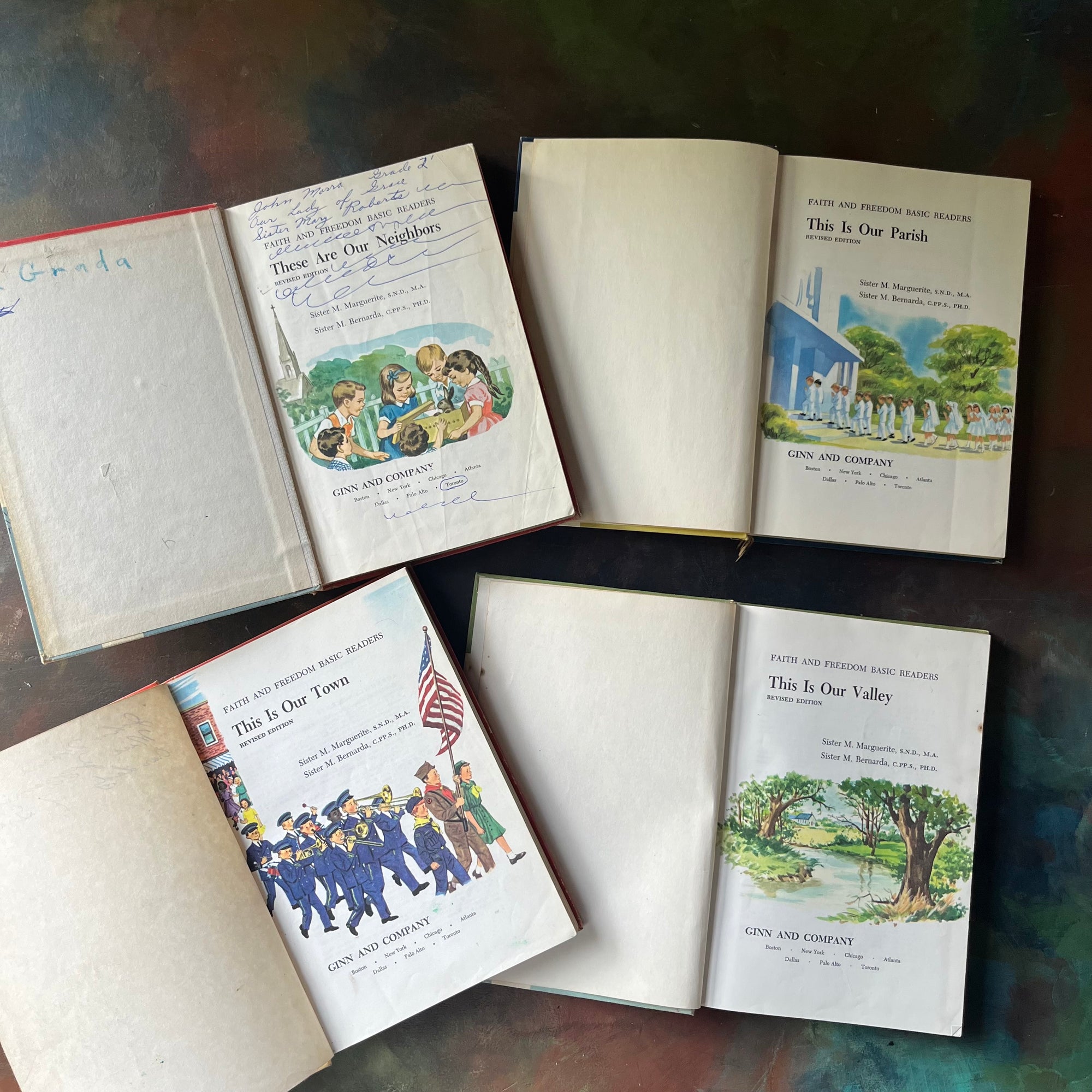 Faith & Freedom Basic Readers Book Set by Ginn and Company-vintage school books-reading comprehension-Parochial Schoolbooks-Catholic School-view of the title pages