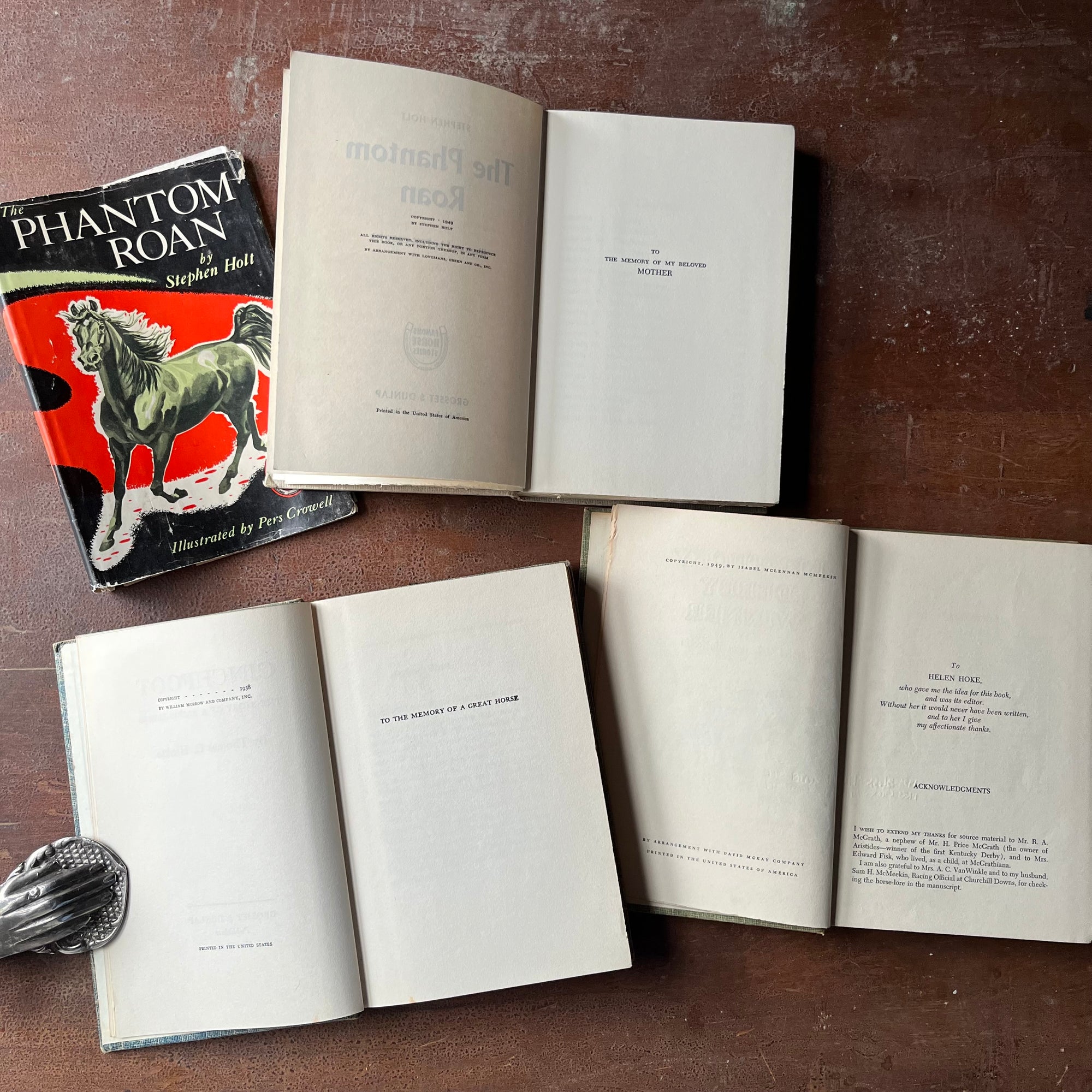 Famous Horse Stories-The Phantom Roan, Chinchfoot & Kentucky Derby Winner-vintage children's chapter books-view of the copyright & dedication pages
