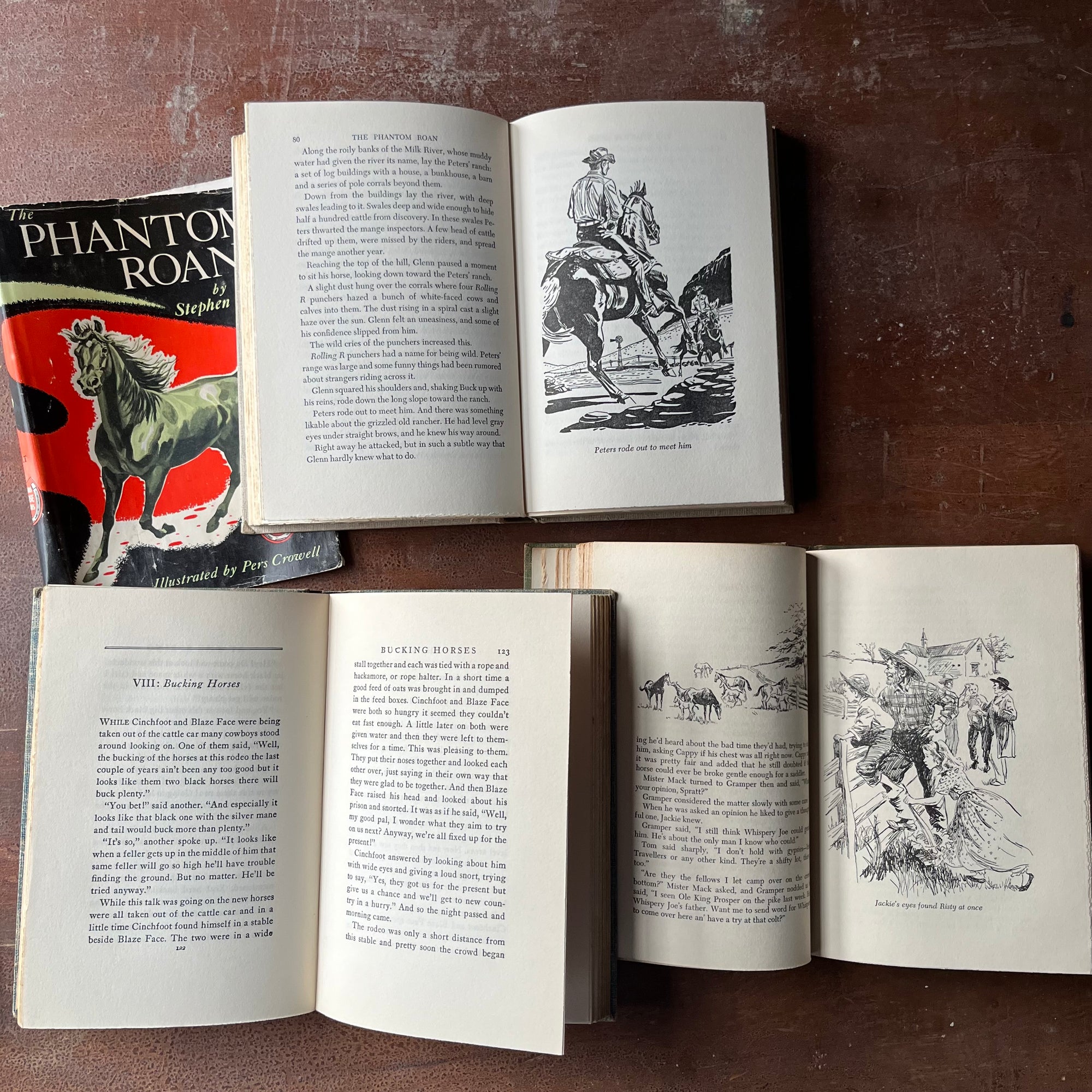 Famous Horse Stories-The Phantom Roan, Chinchfoot & Kentucky Derby Winner-vintage children's chapter books-view of the illustrations in two of the books & the text in the 3rd book