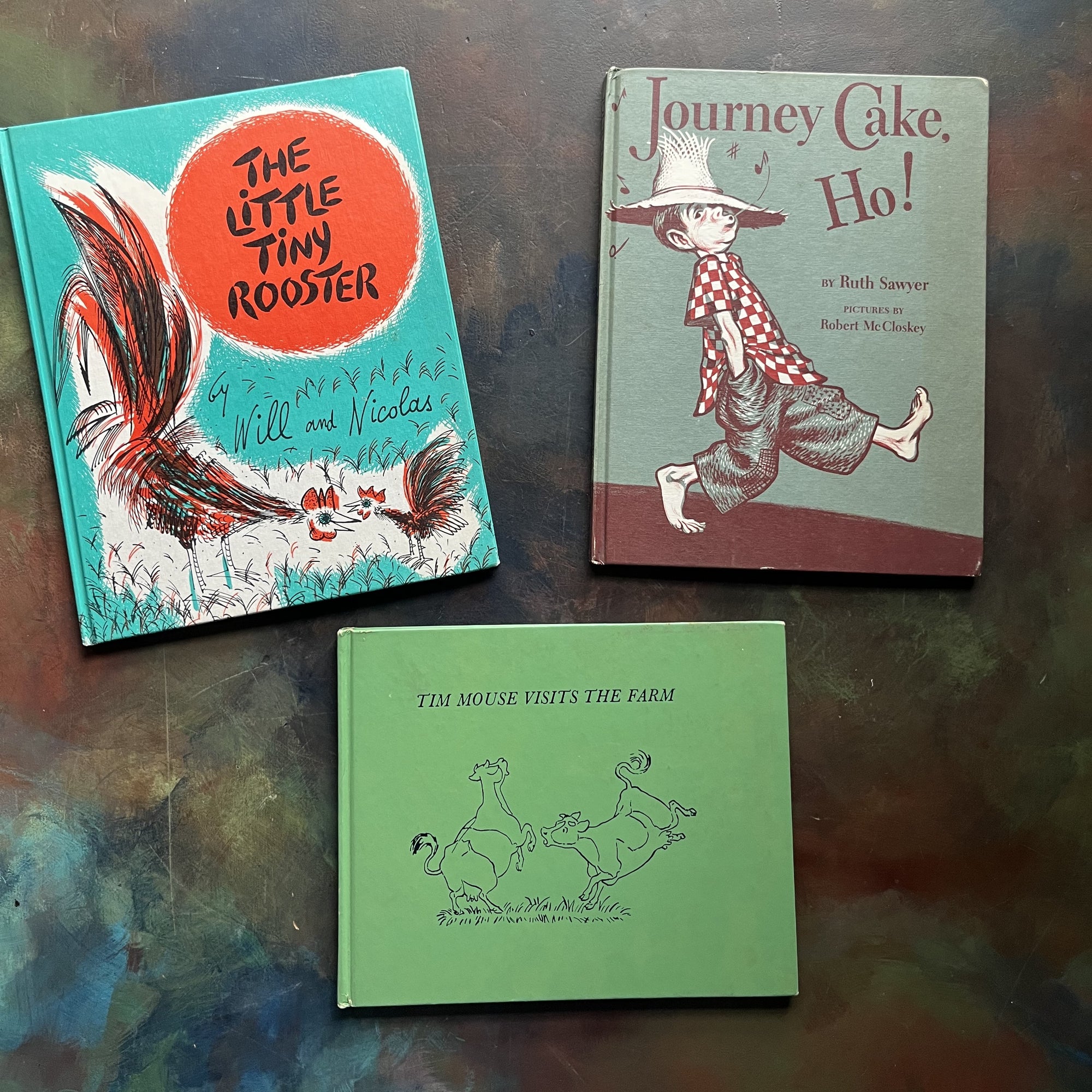 Farm-Themed Children’s Picture Book Set–Vintage Picture Books-Johnny Cake, Ho!-Little Tiny Rooster-Tim Mouse Visits a Farm-view of the front covers