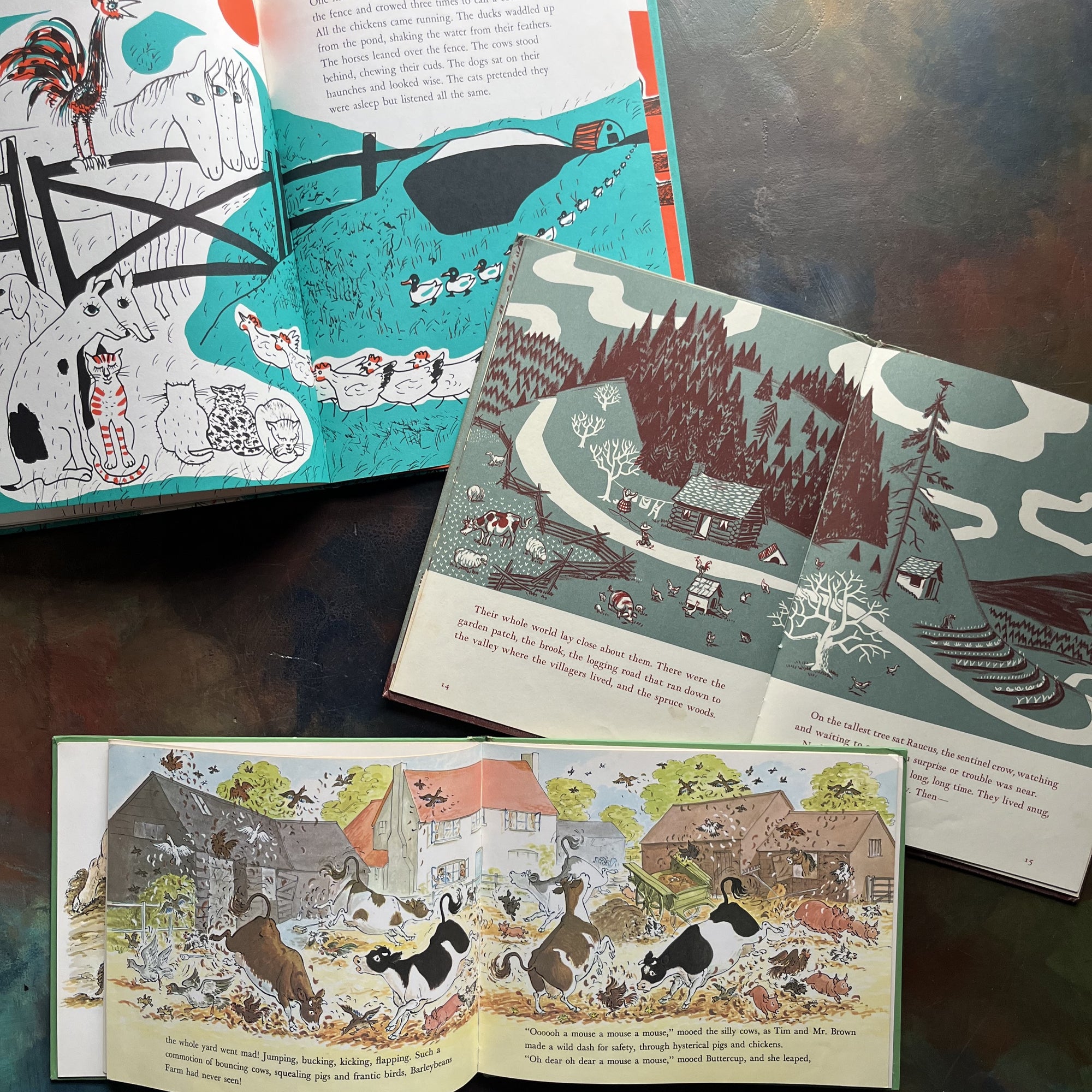 Farm-Themed Children’s Picture Book Set–Vintage Picture Books-Johnny Cake, Ho!-Little Tiny Rooster-Tim Mouse Visits a Farm-view of the illustrations