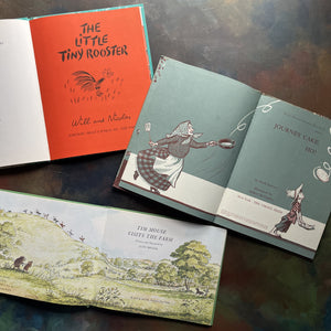 Farm-Themed Children’s Picture Book Set–Vintage Picture Books-Johnny Cake, Ho!-Little Tiny Rooster-Tim Mouse Visits a Farm-view of the title pages