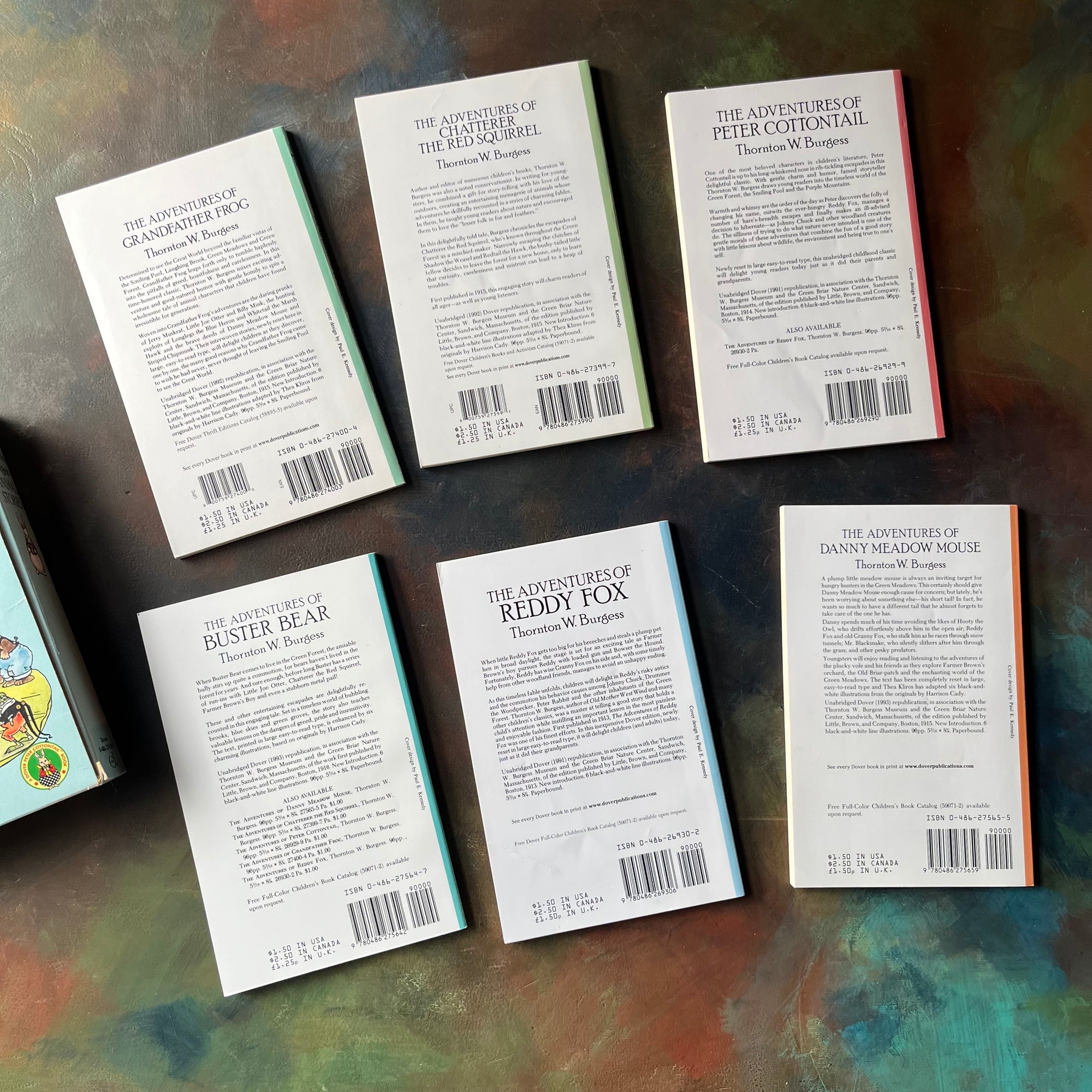 Favorite Thornton Burgess Stories Box Set-6 Complete Unabridged Stories written by Thornton W. Burgess with illustrations by Harrison Cady-vintage short stories for children-beginner reading books for children-view of the back of the books