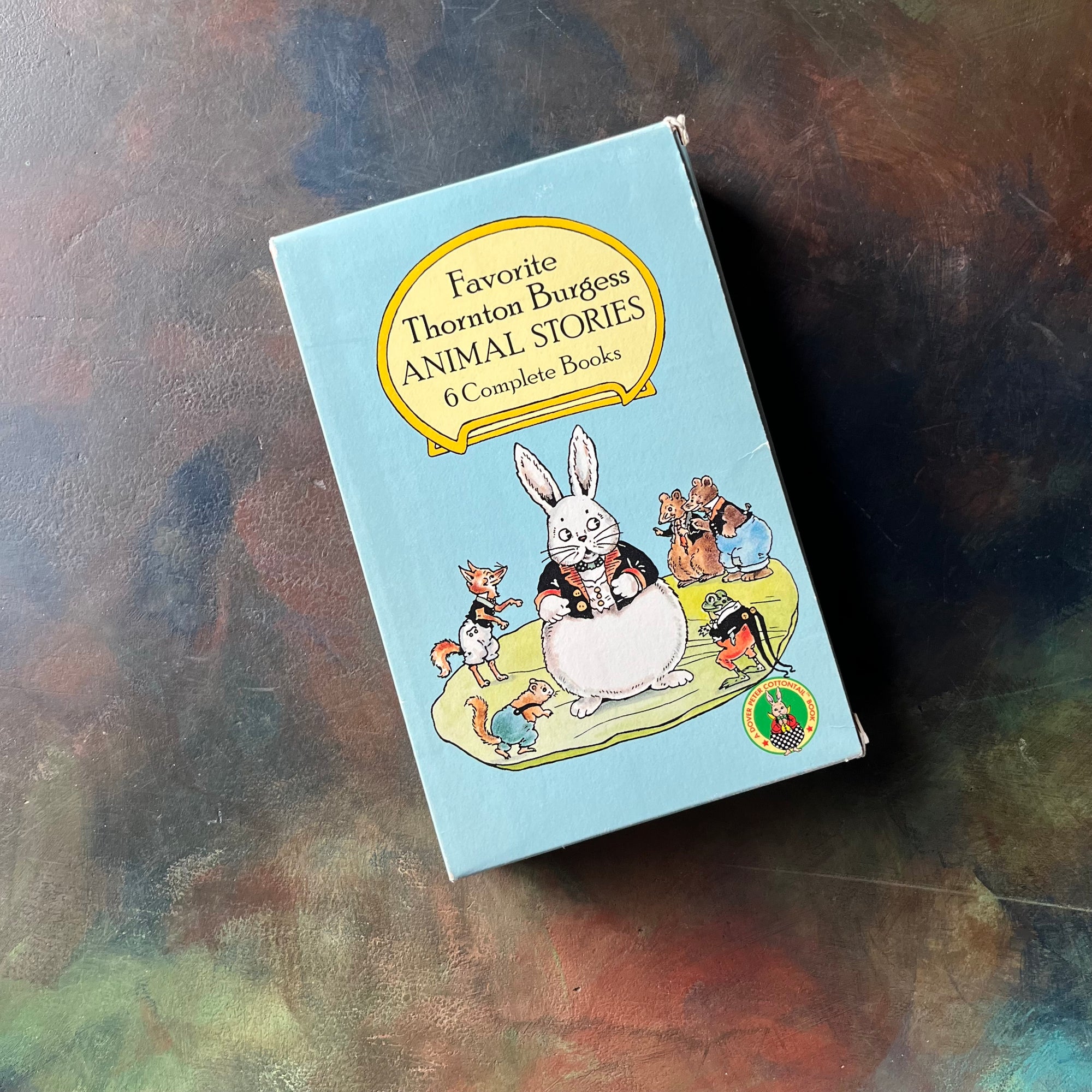Favorite Thornton Burgess Stories Box Set-6 Complete Unabridged Stories written by Thornton W. Burgess with illustrations by Harrison Cady-vintage short stories for children-beginner reading books for children-view of the side of the box sleeve