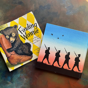 Finding Winnie The True Story of the World's Most Famous Bear written by Lindsay Mattick with illustrations by award winning artist Sophie Blackall-2016 Caldecott Winner-read aloud revival-children's story-Winnie the Pooh-view of the back cover with soldiers marching in a row