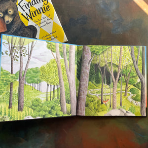 Finding Winnie The True Story of the World's Most Famous Bear written by Lindsay Mattick with illustrations by award winning artist Sophie Blackall-2016 Caldecott Winner-read aloud revival-children's story-Winnie the Pooh-view of the inside cover with an image of the woods with a fox in it