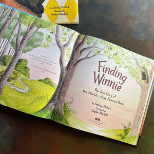 Finding Winnie The True Story of the World's Most Famous Bear written by Lindsay Mattick with illustrations by award winning artist Sophie Blackall-2016 Caldecott Winner-read aloud revival-children's story-Winnie the Pooh-view of the title & dedication pages