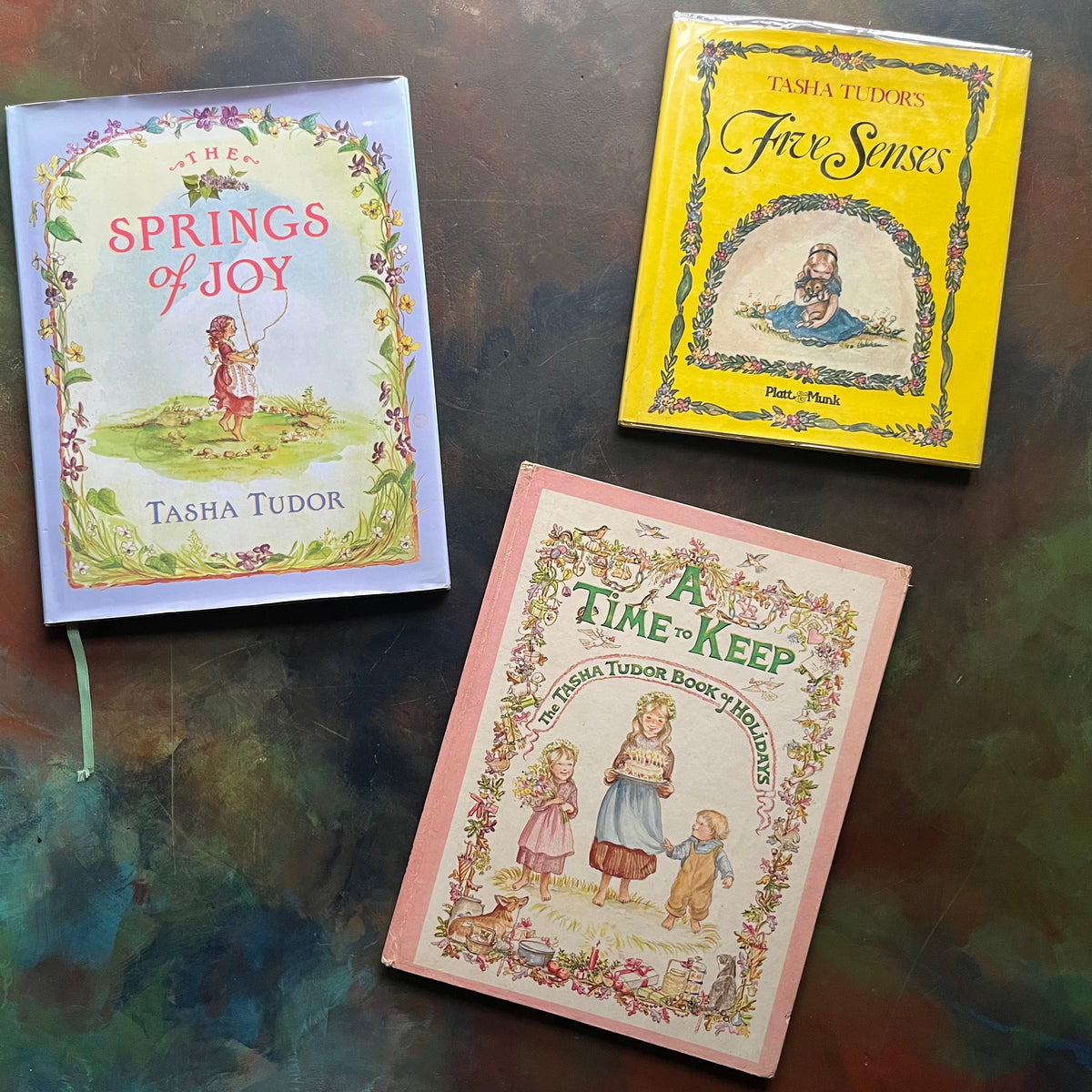 Five Senses, A Time to Keep and The Springs of Joy-written & illustrated by Tasha Tudor-classic children's stories-view of the dust jacket's front covers