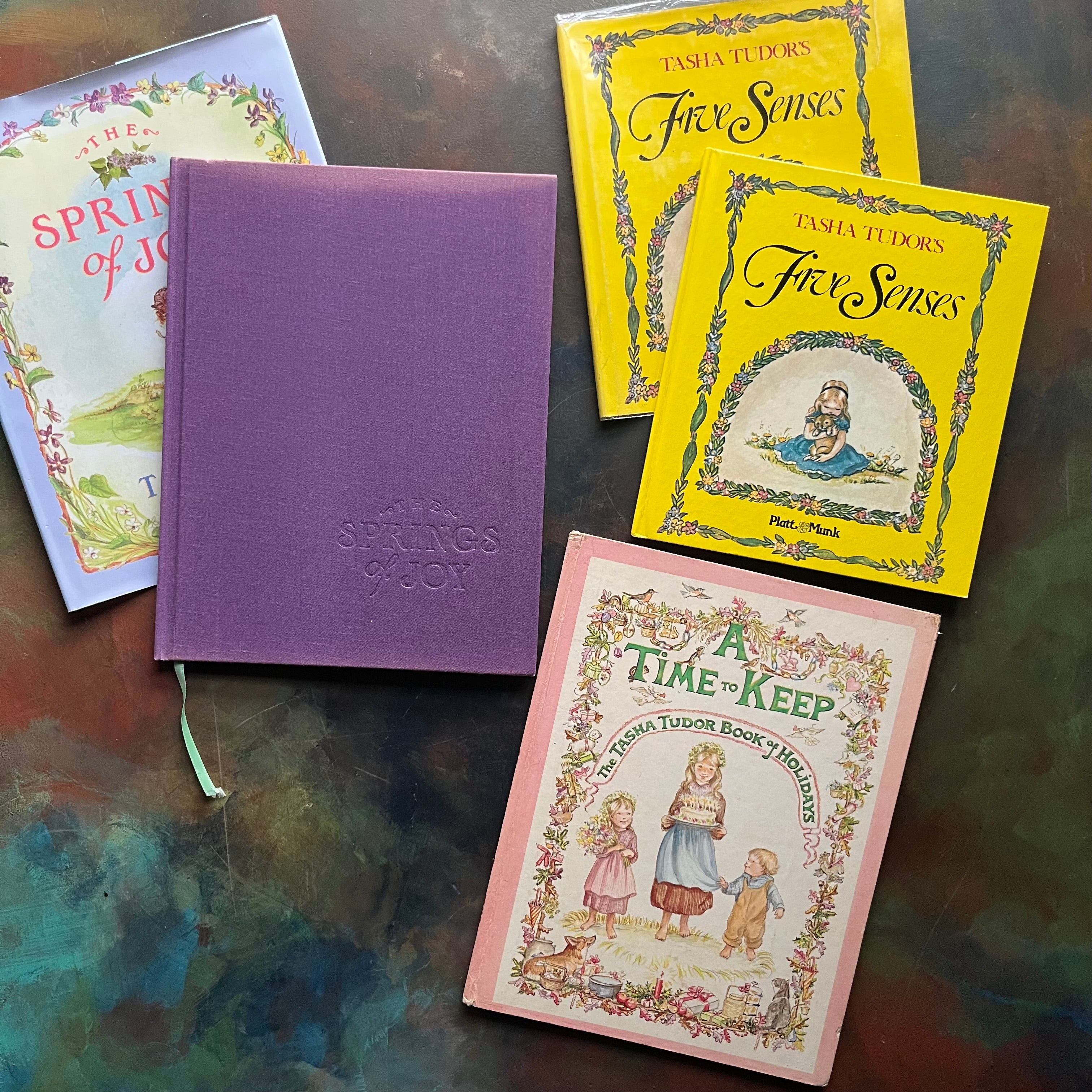 Five Senses, A Time to Keep and The Springs of Joy-written & illustrated by Tasha Tudor-classic children's stories-view of the front covers - note the fading at the top of The Springs of Joy
