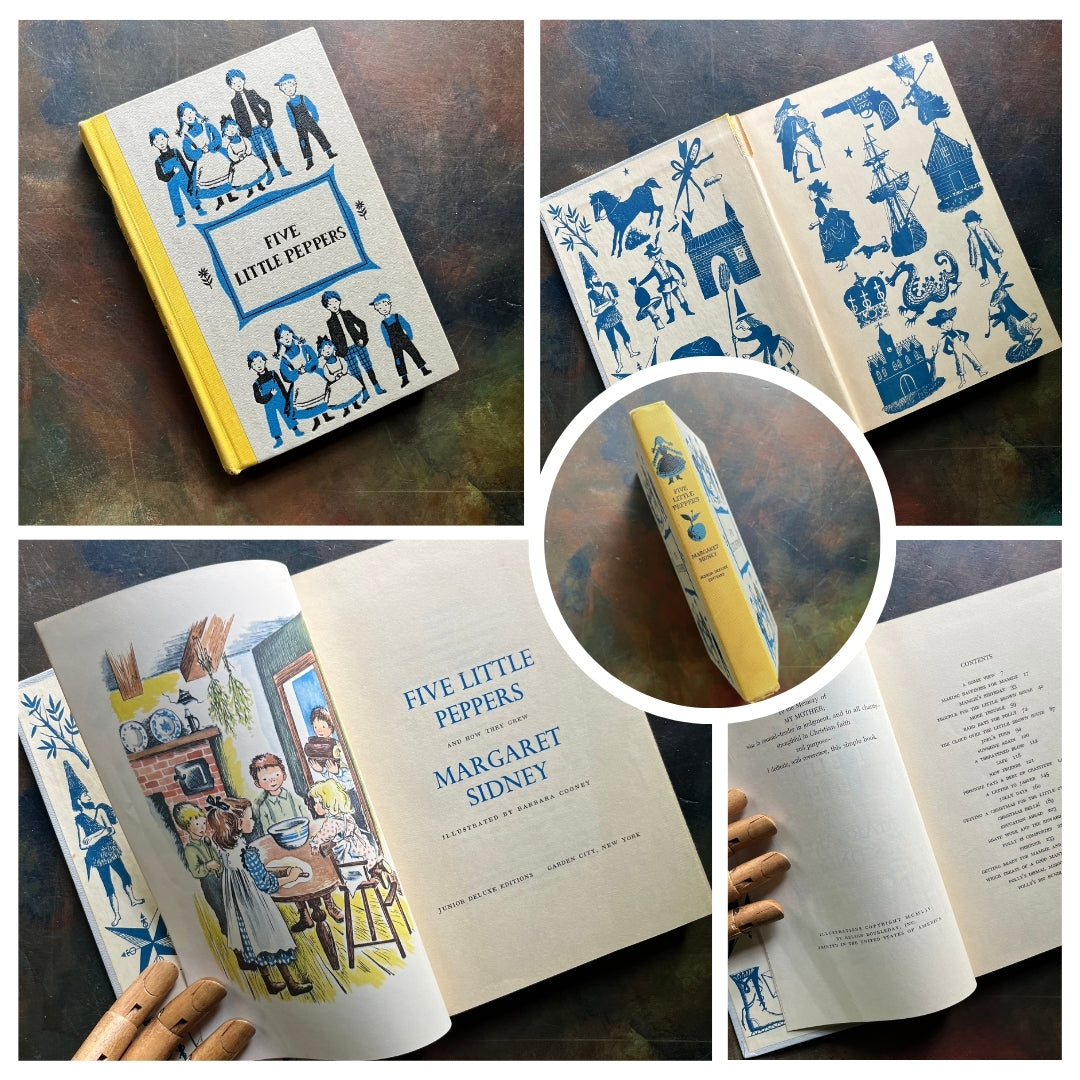 A collage of Junior Deluxe Edition books showing the cover, inside cover, spine, title page and copyright page of the book, Five Little Peppers written by Margaret Sidney - vintage children's classic literature books-collectible children's books-rainbow book spines