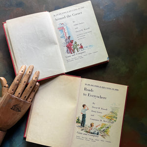 Ginn Basic Readers Book Set-Around the Corner & Roads to Everywhere-antique children's school books-learning to read books-view of the title pages