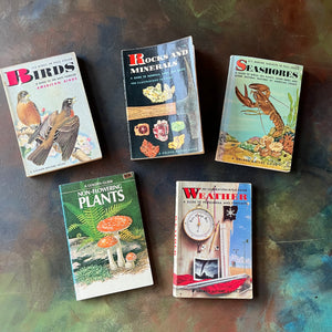 Golden Guides Set-Birds-Rocks & Minerals-Seashores-Non-Flowering Plants-Weather-vintage nature guides-vintage pocket nature guides-view of the front covers