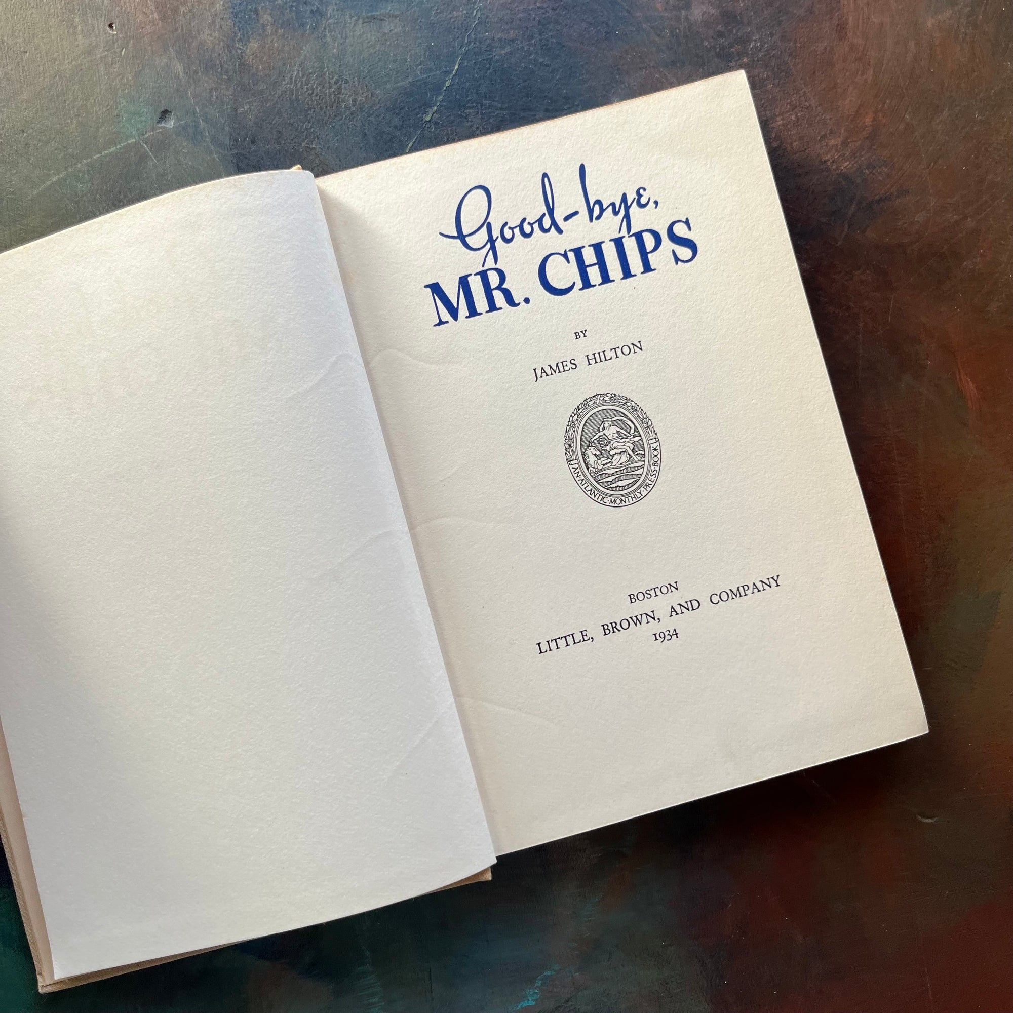 Good-Bye Mr. Chips written by James Hilton-Classic British Literature-vintage novella-heartwarming, wholesome story-view of the title page