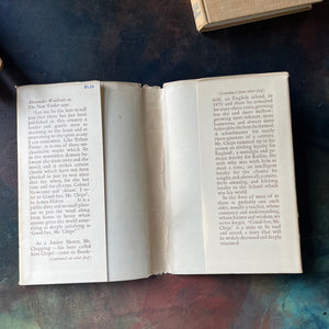 Good-Bye, Mr. Chips by James Hilton-British novella-First Edition-antique book-view of the dust jacket's inside flaps