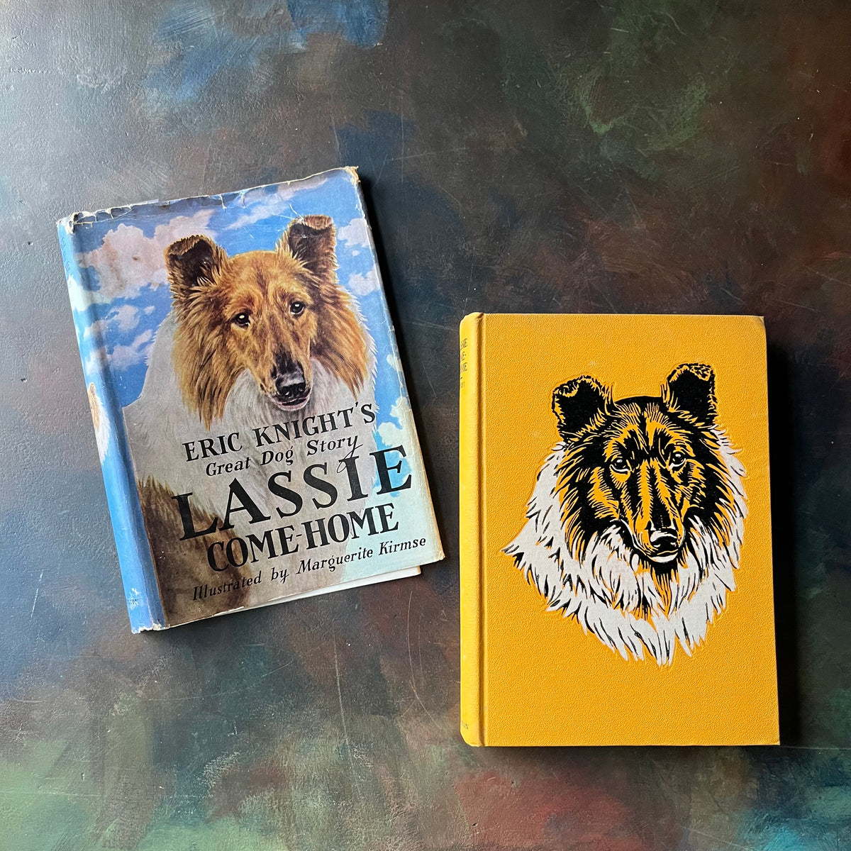 Great Dog Story-Lassie Come Home written by Eric Knight with illustrations by Marguerite Kirmse-vintage children's chapter book-living children's book-view of the front covers of the book & dust jacket