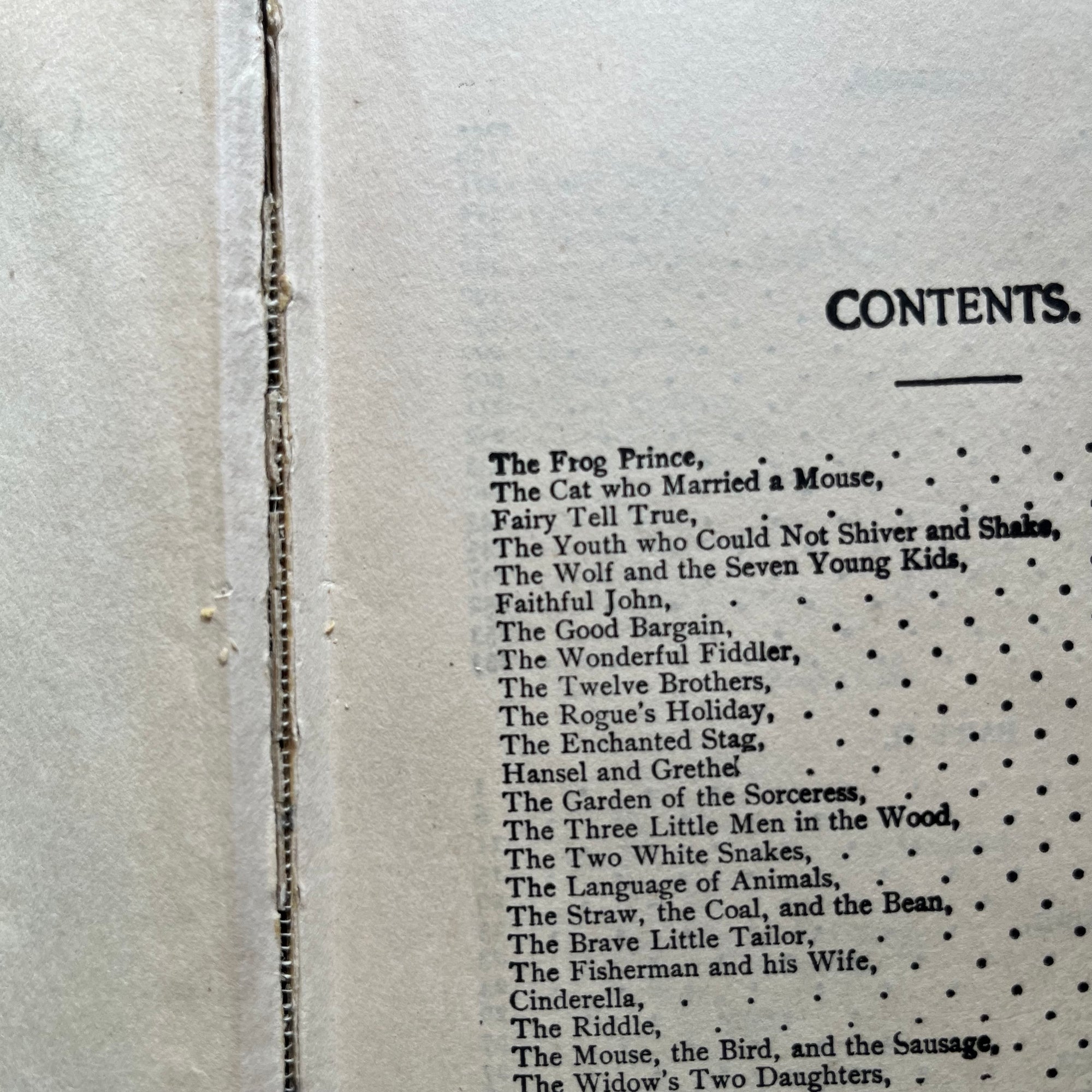 Grimm's Fairy Tales-The Brother's Grimm-Hurst & Co.-1910-1919-antique fairy tales for children-vintage children's book-view of the condition of the spine at the contents page - considered a broken hinge to a book collector
