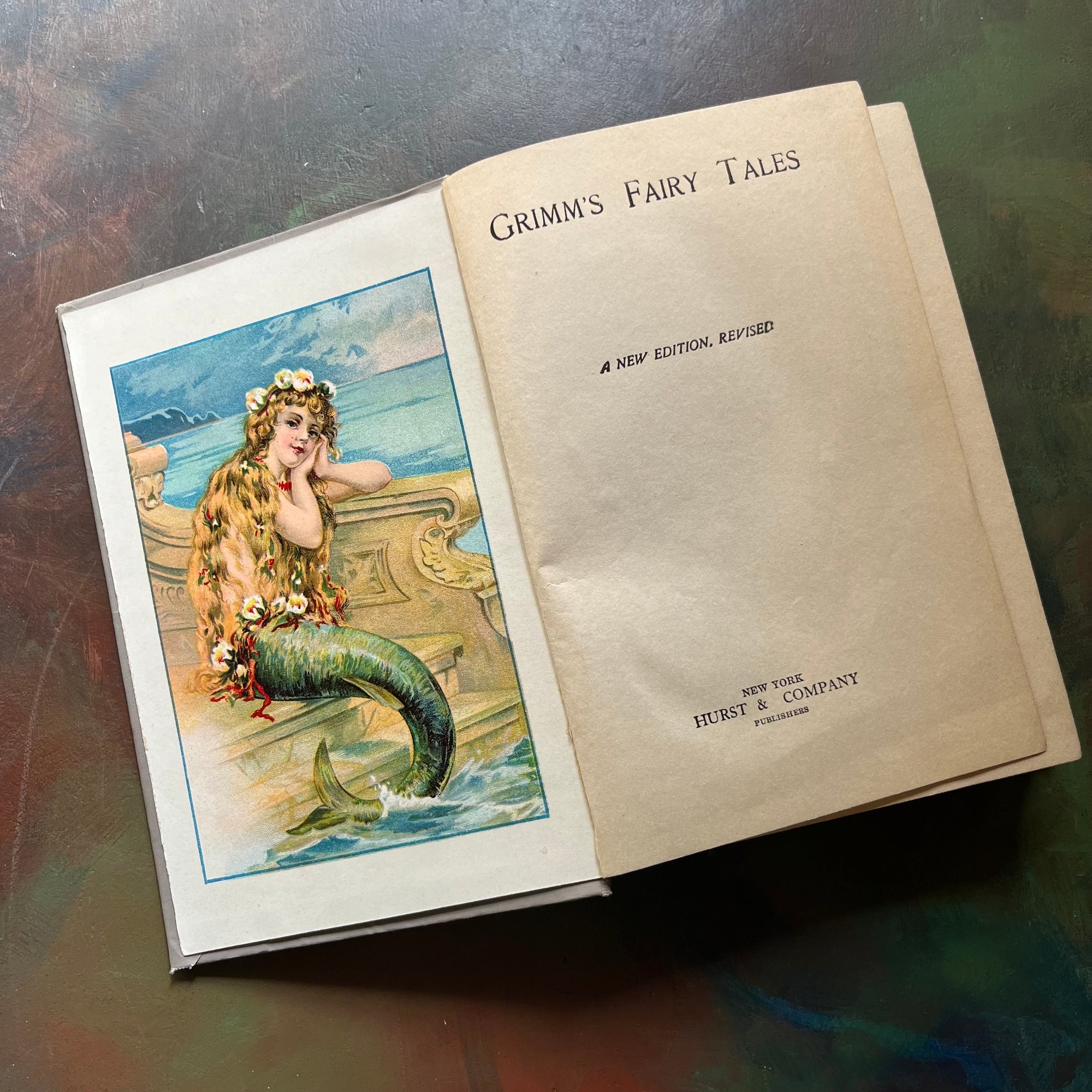 Grimm's Fairy Tales-The Brother's Grimm-Hurst & Co.-1910-1919-antique fairy tales for children-vintage children's book-view of the title page & full color frontispiece of a mermaid