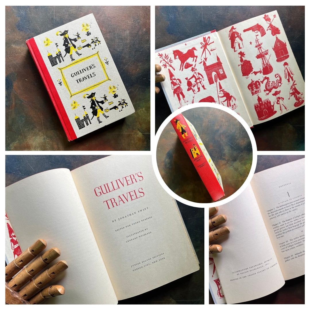 A collage of Junior Deluxe Edition books showing the cover, inside cover, spine, title page and copyright page of the book, Gulliver's Travels, written by Jonathan Swift - vintage children's classic literature books-collectible children's books-rainbow book spines