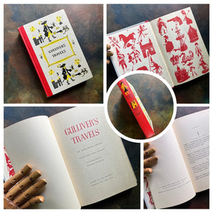 A collage of Junior Deluxe Edition books showing the cover, inside cover, spine, title page and copyright page of the book, Gulliver's Travels, written by Jonathan Swift - vintage children's classic literature books-collectible children's books-rainbow book spines