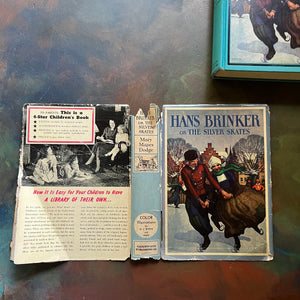Hans Brinker or the Silver Skates by Mary Mapes Dodge with illustrations by N. C. Wyeth & Peter Hurd-antique children's chapter book-view of the outside of the dust jacket - note the ragged edges & tears along the spine