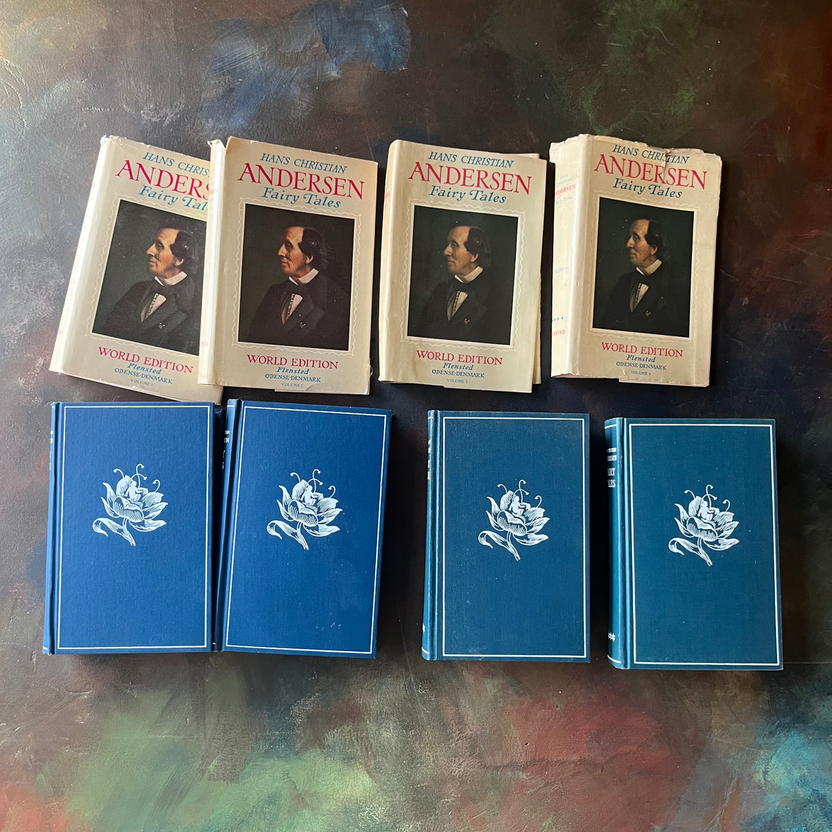 Hans Christian Andersen Fairy Tales Four Volume Set-approved translation-original drawings by Vilhelm Pedersen & Lorenz Frolich-original fairy tales-view of the front covers with dust jacket covers shown as well
